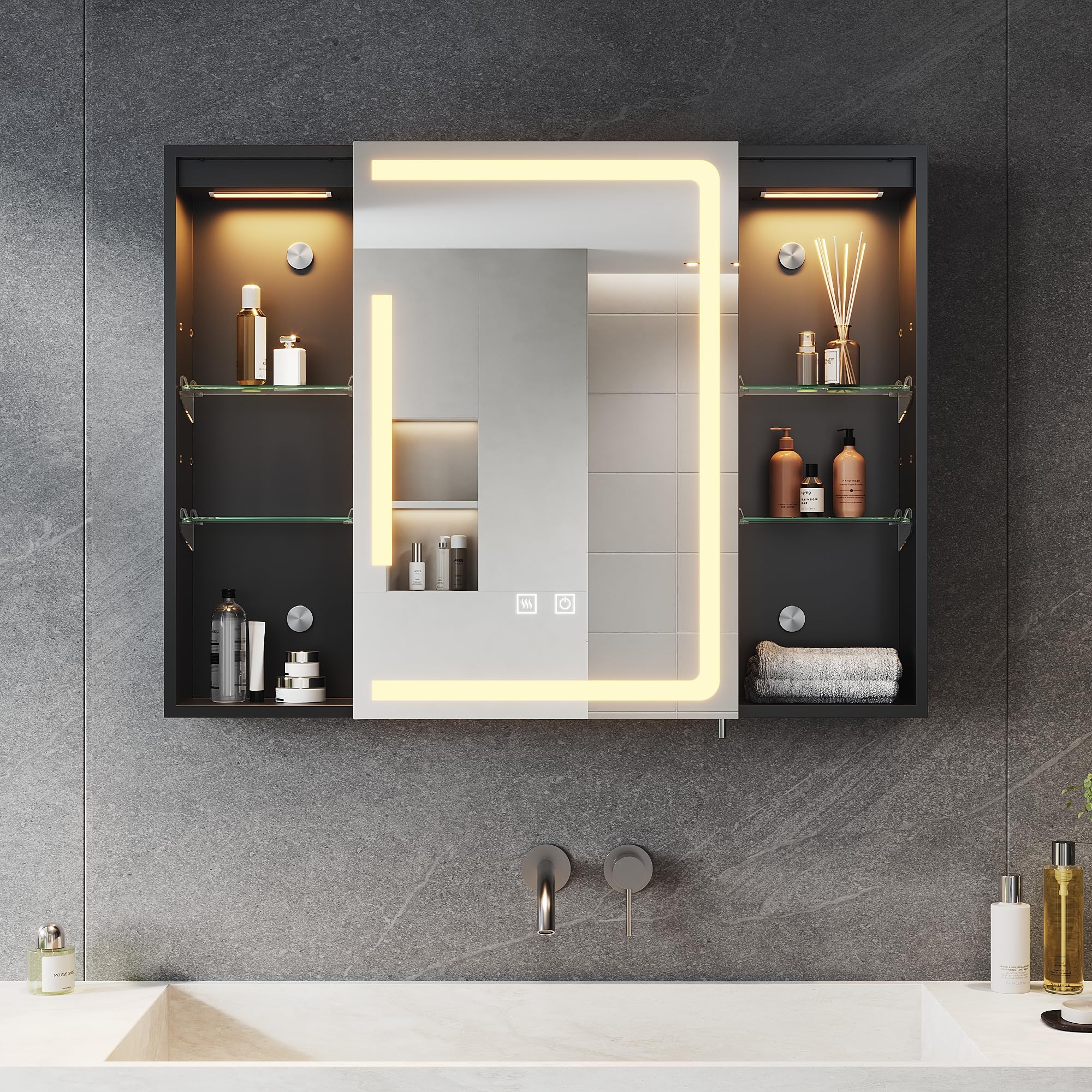 SONNI Spiegelschrank Bad mit Beleuchtung und Lagerung 80 * 60 cm, LED Spiegelschrank mit Steckdose, Dimmbar, 3 Einstellbare Lichtfarben Beschlagfrei Badezimmer Wandschrank, Medizinschrank Mattschwarz