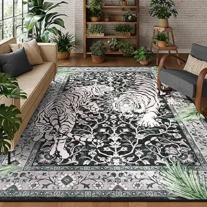 Moynesa Tiger 8x10 Area Rug, Washable Boho Rugs for Living Room, Vintage Large Soft Dining Room Rug, Non Slip Ultra Thin Stain Resistant Floor Carpet for Home Office Bedroom, Black