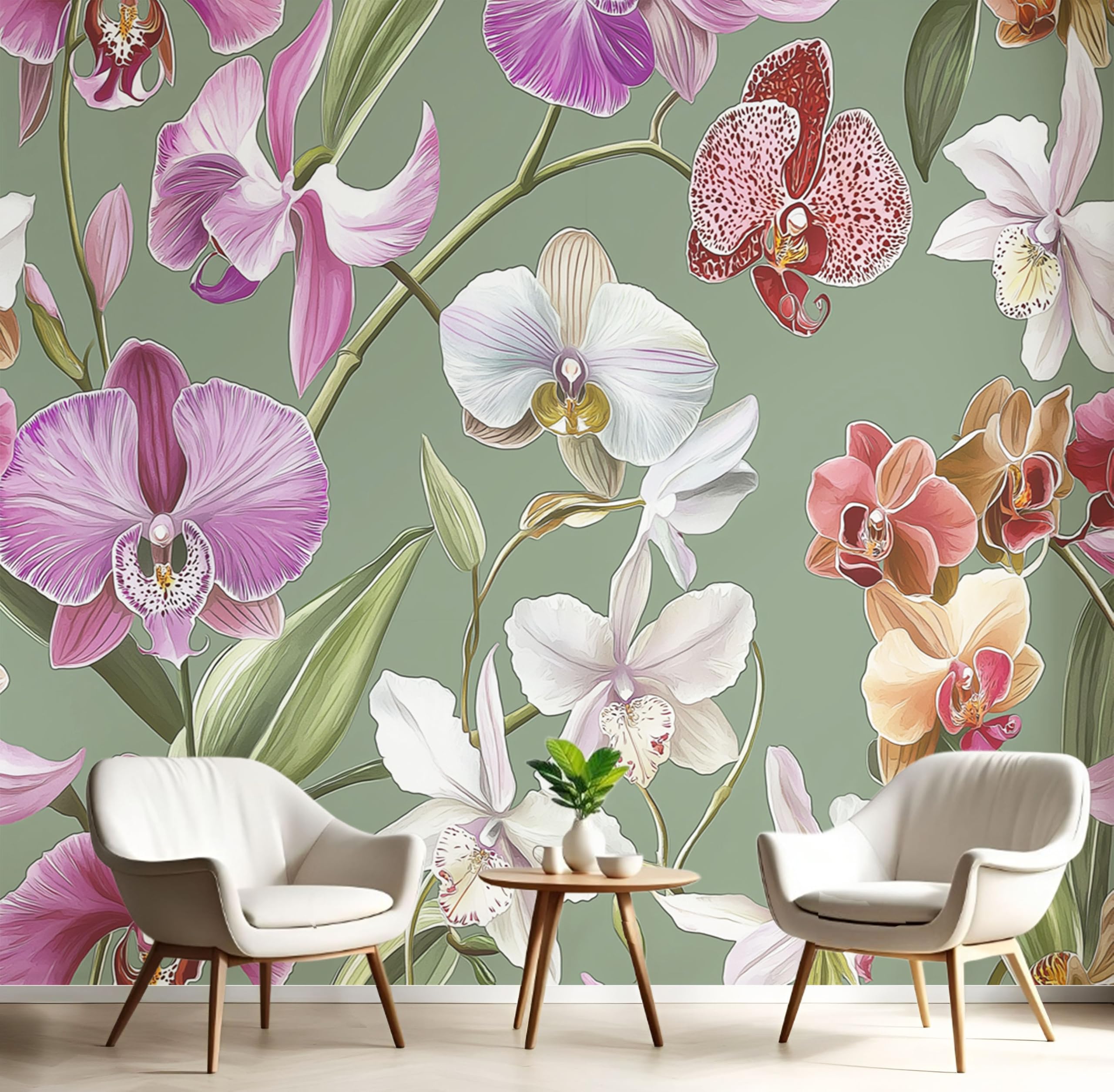 Papier Peint Panoramique Orchidée Vintage 400X280cm | Tapisserie Murale Plantes Exotiques Vert Sauge