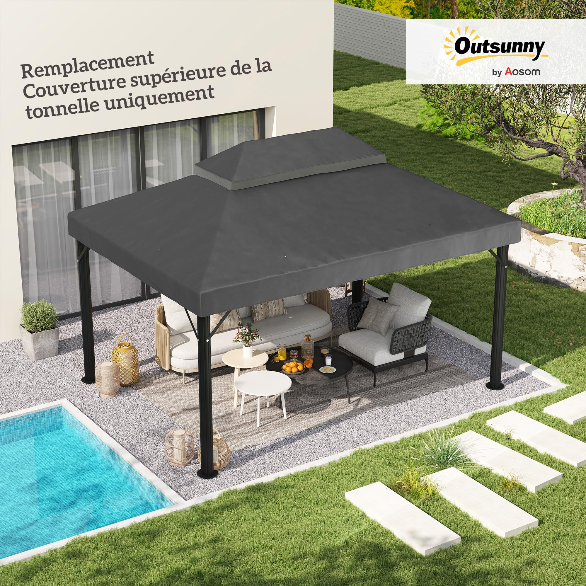 Outsunny Toile de Rechange pour Pavillon 4x3 m, Toit Double, Polyester 370 g/m², UPF30+, Gris Foncé