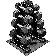 Rubber Coated Hex Dumbbell Weight Set and Storage Rack, 100LB or 150LB, 5-20 lbs or 5-25 lbs