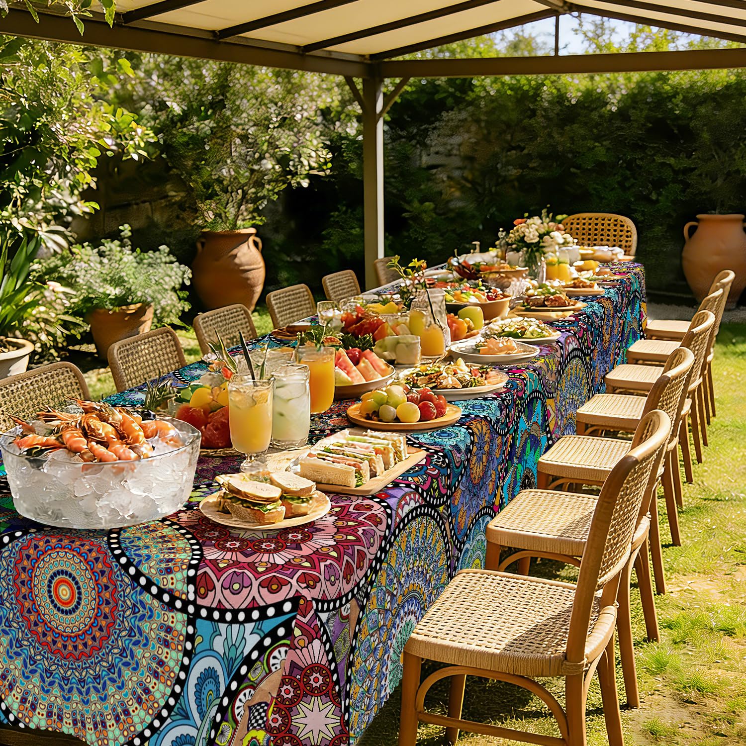 Nappe Rectangulaire Anti-Tache 150x220 - Nappe de Table Enduite Boho, Imperméable en Polyester pour Extérieur, Protection de Table pour Salle à Manger, Jardin, Cuisine, Pique-Nique