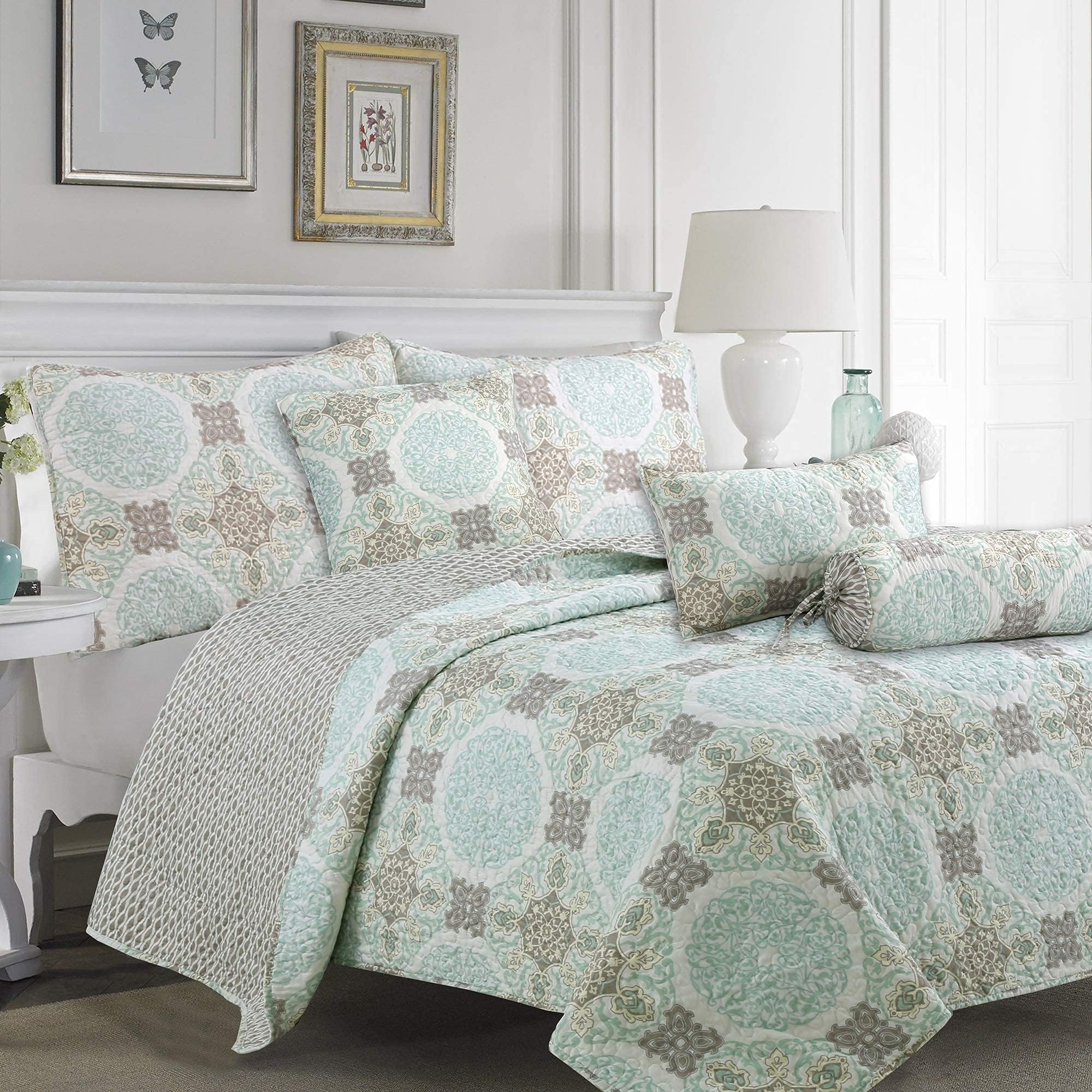 Cozy Line Home Fashions Green/Taupe Damask Reversible Bedding Quilt Set, Bedspread, Lightweight Coverlet Quilt for Spring and Summer, 1 Quilt and 2 Pillow Shams (Aqua Melody, Queen - 3 Piece)