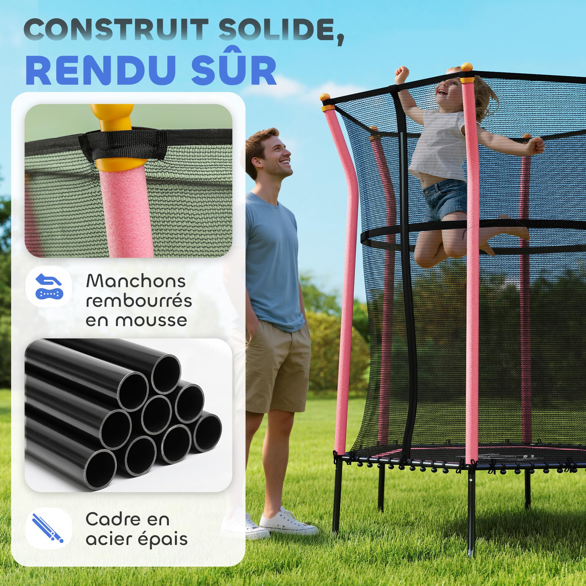 HOMCOM Trampoline pour Enfant 1,22 x 1,11 x 1,9 m Filet de sécurité Porte zippée 6 poteaux rembourrés Inclus sans Ressort Charge Max. 50 kg