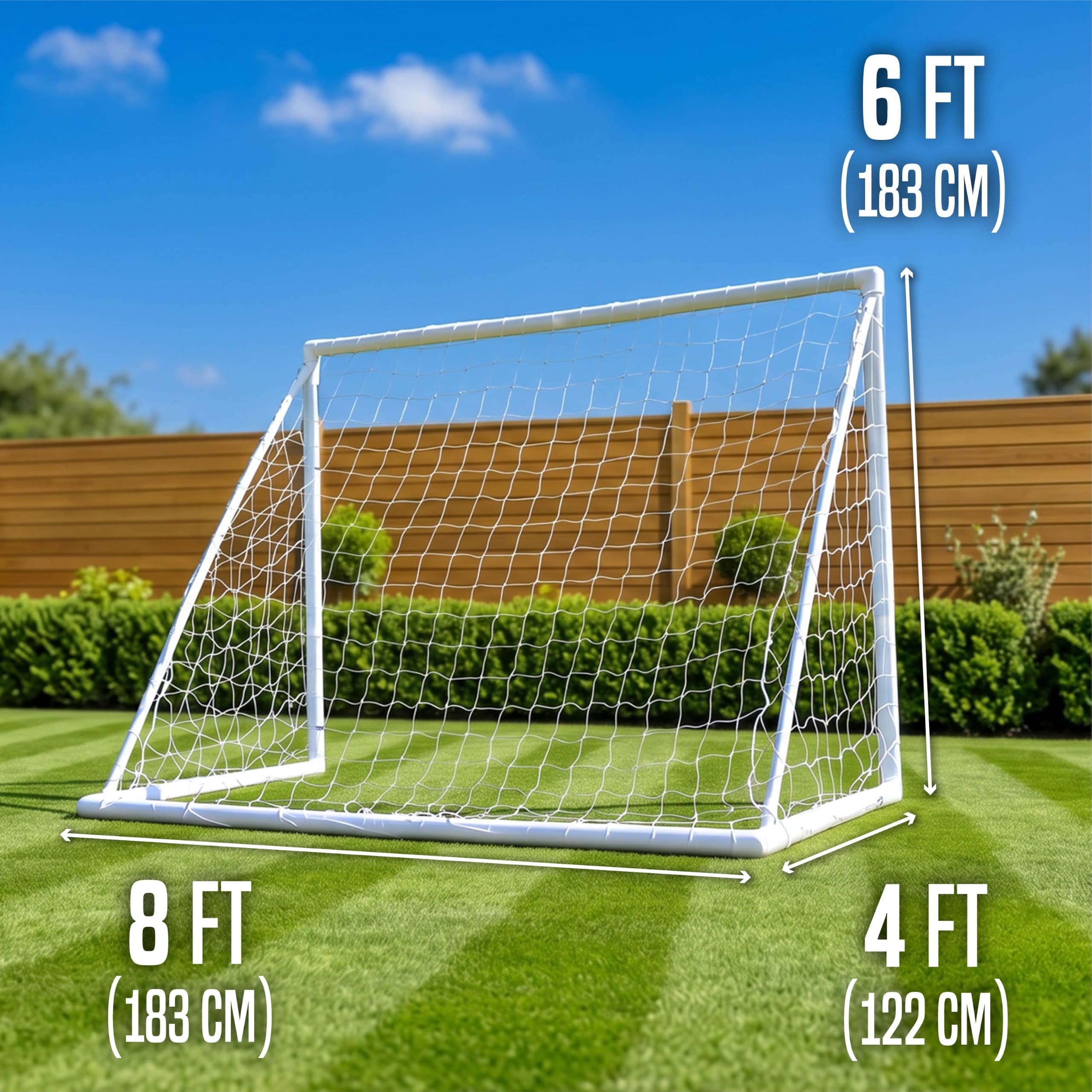 Football Flick Portería Exclusiva de Amazon Tipo de Clima, 70 mm, uPVC, extragrueso, portería de fútbol para Jardines, Sistema de Bloqueo Integrado, 4 (6 x 4, 8 x 4, 8 x 6, 12 x 6)