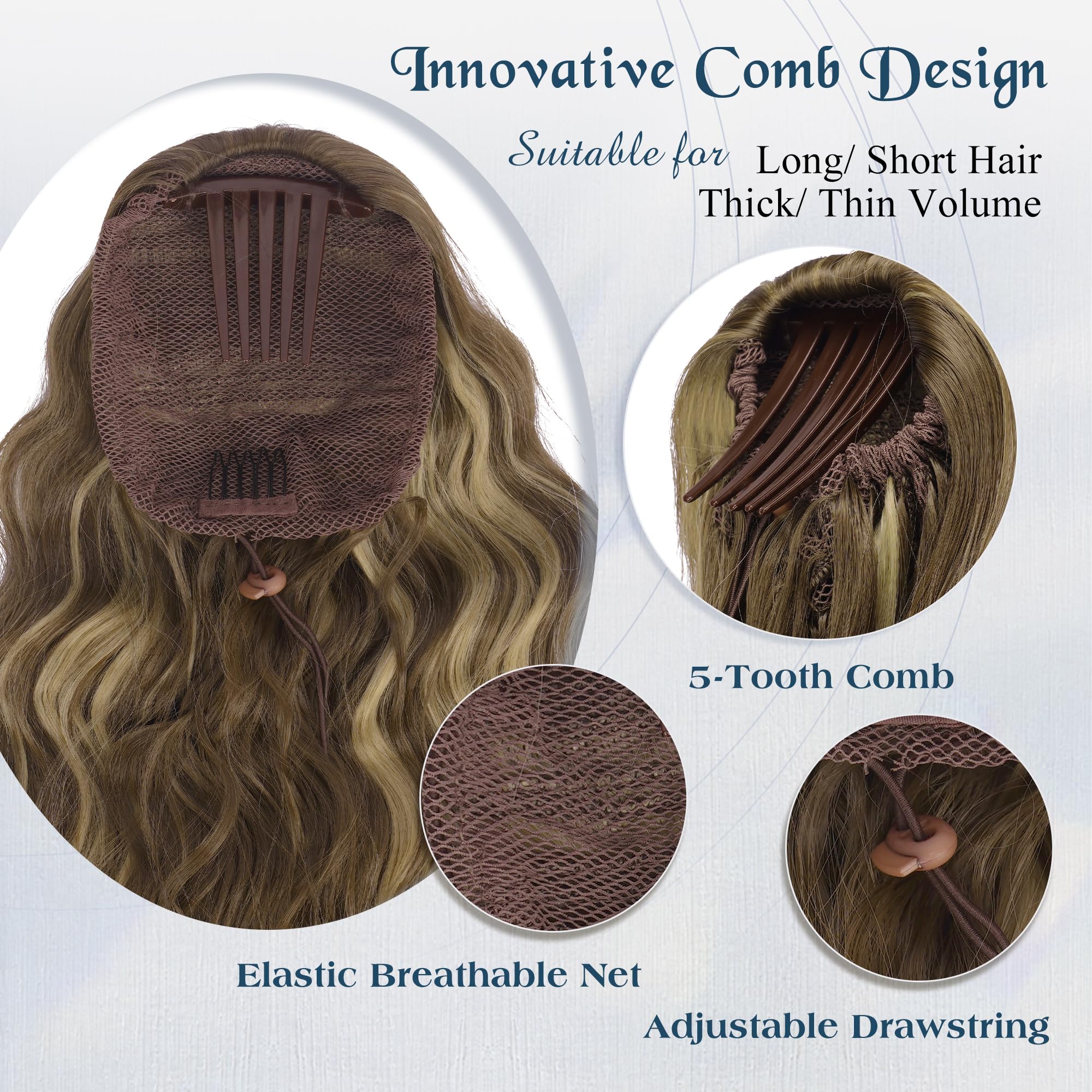 FESHFEN Coletas Postizas Pelo Ondulada, Largo Cola de Caballo Extensiones con Peine Sintetico Postizos Ponytail Extensiones de Cabello para Mujer, 60 cm Marrón Claro & Rubio