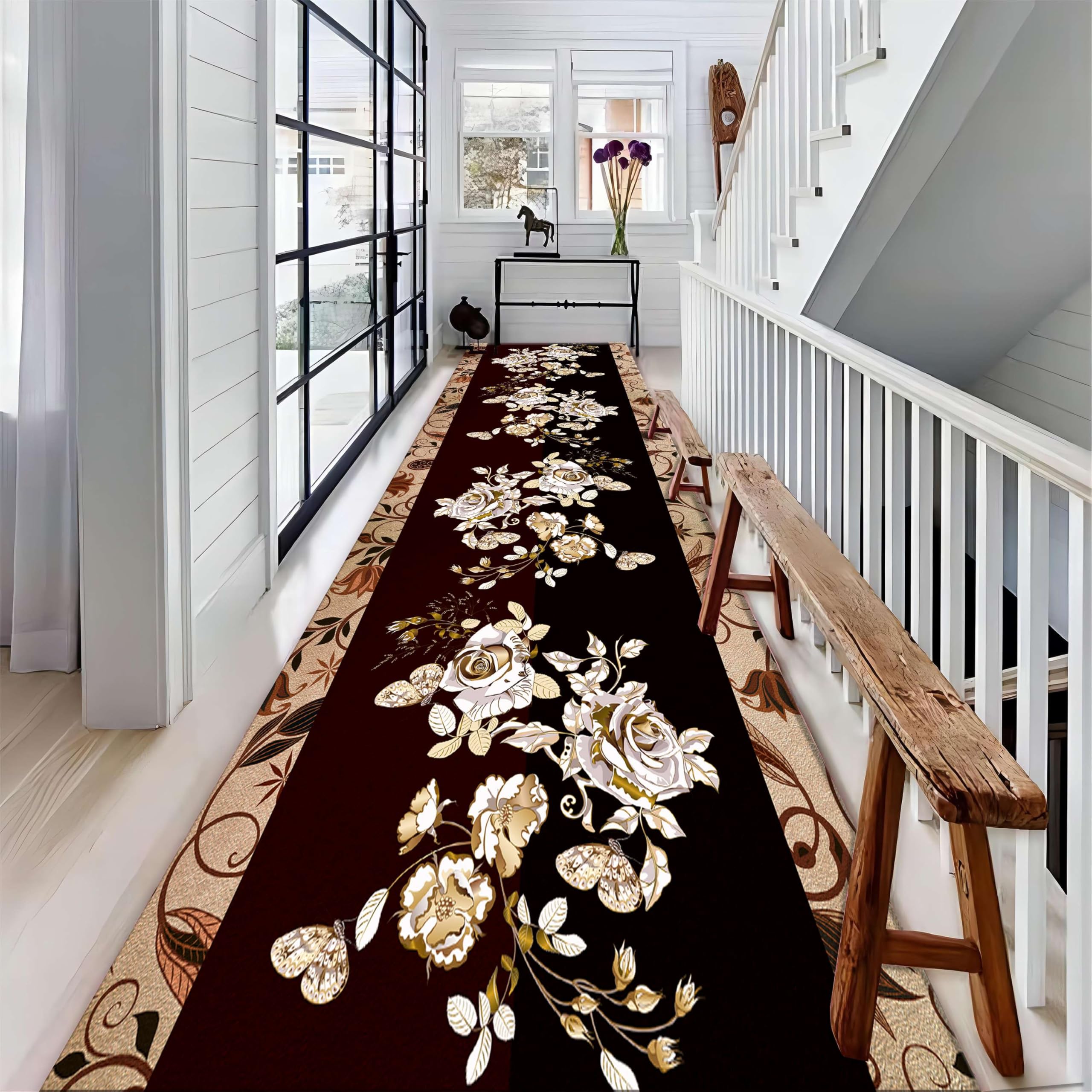 MUOUCTE Vintage Strip Area Rug, 2x7ft Ultra Thin Floral Washable Non-Slip Hallway Bedroom Fashion Home Decor Soft and Easy to Clean