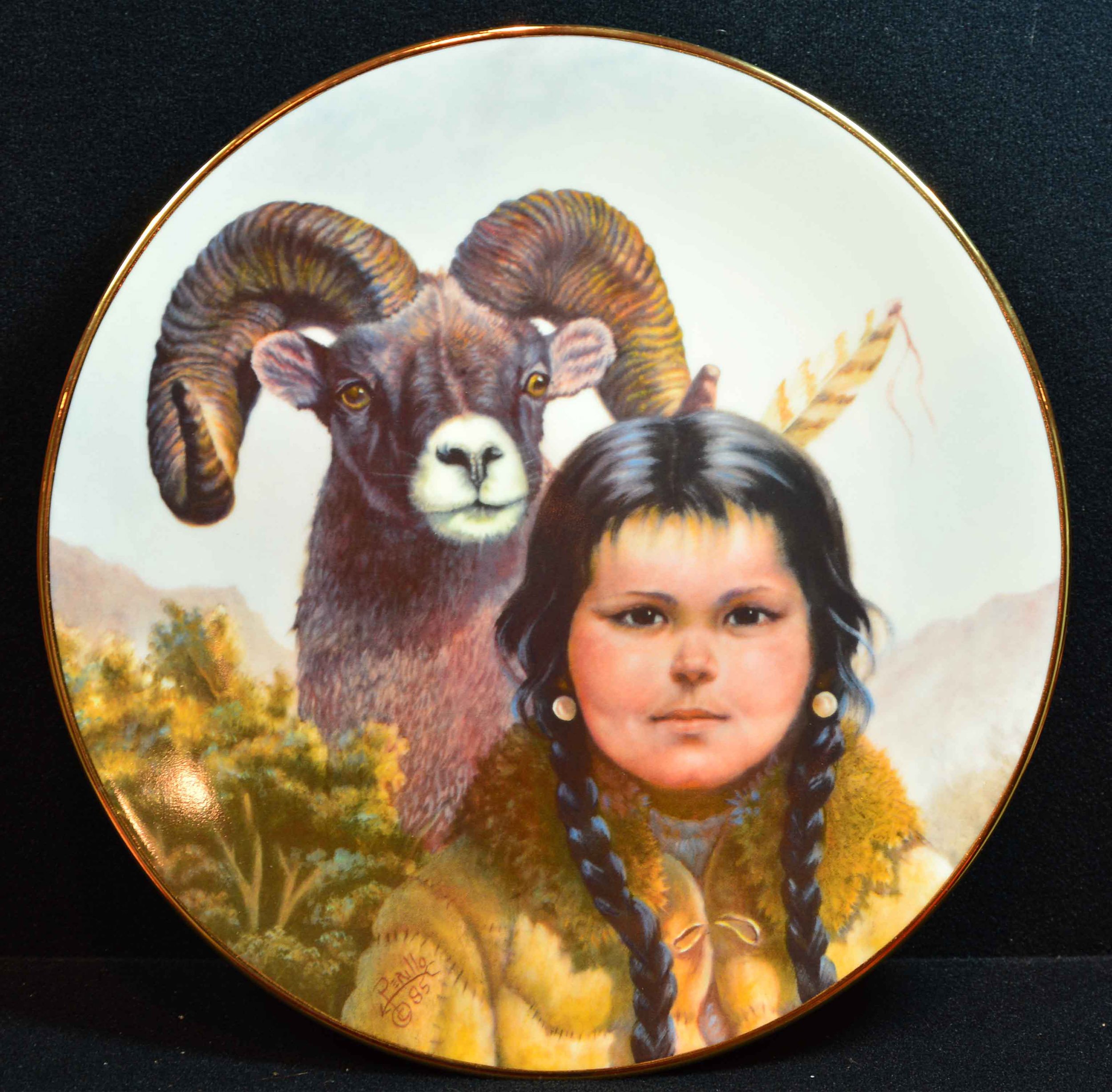 Vague Shadows Gregory Perillo Collectors Plate - Pride of Native America's Indian Arapaho Girl & Ram Plate Noble Companions c1986 COA Nib