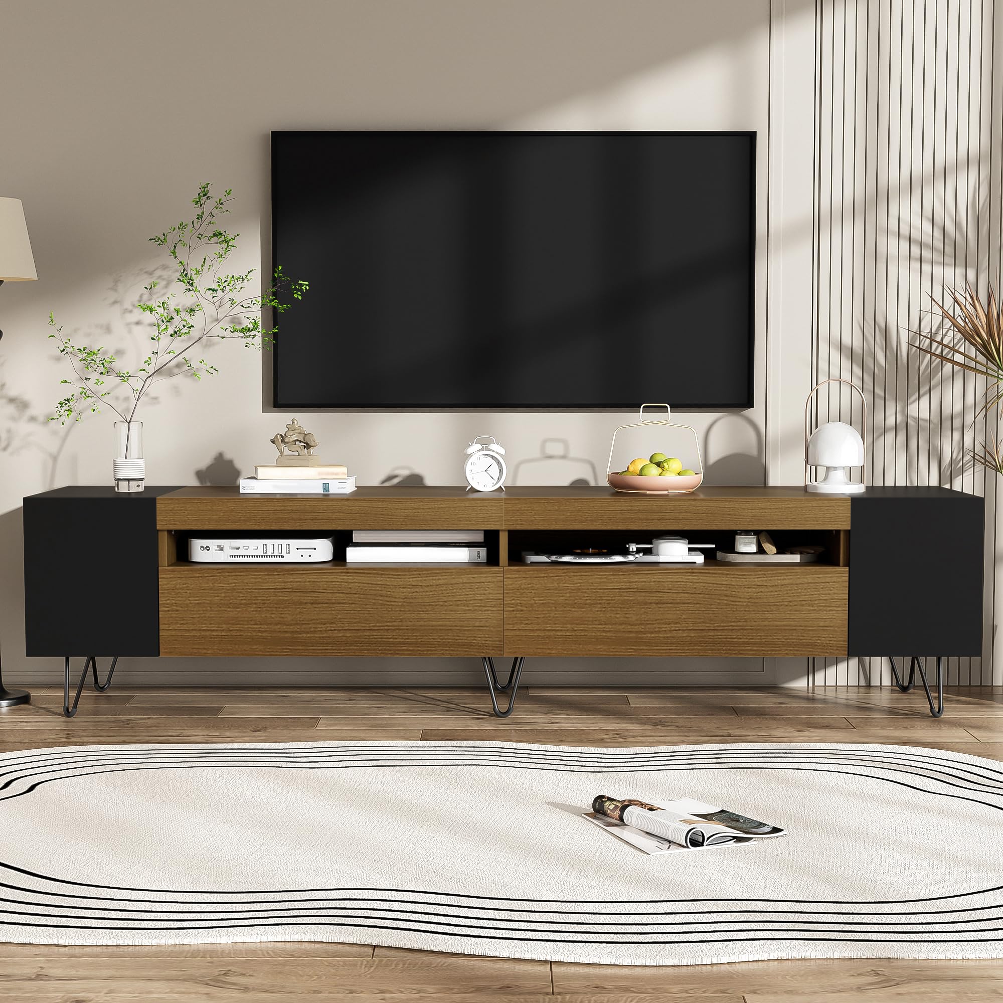 FammyLoft 180cm Modern TV Cabinet with Storage Shelves, TV Stand Unit with Side Shelves and Open Storage, Lowboard TV Unit for Living Room, Black Wood Effect Finish, Black and Oak