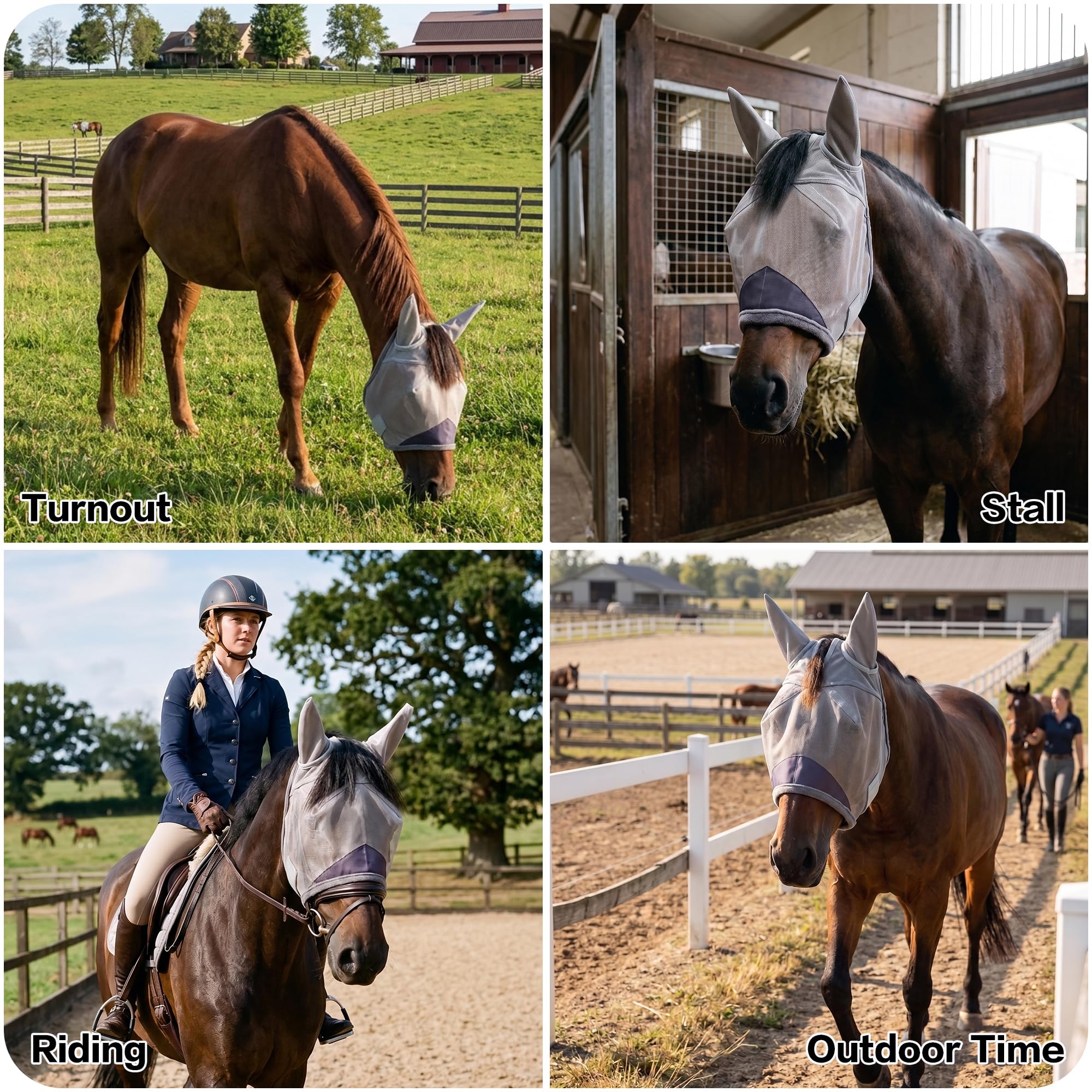 Horse Fly Mask with Ears - UV Protection Fine Mesh Super Comfort Fly Masks for Horses, Adjustable Breathability Horses Masks, Pony Equine Fly Mask for Miniature Foal Draft Cob Srabian Full (Gray, L) - image 7
