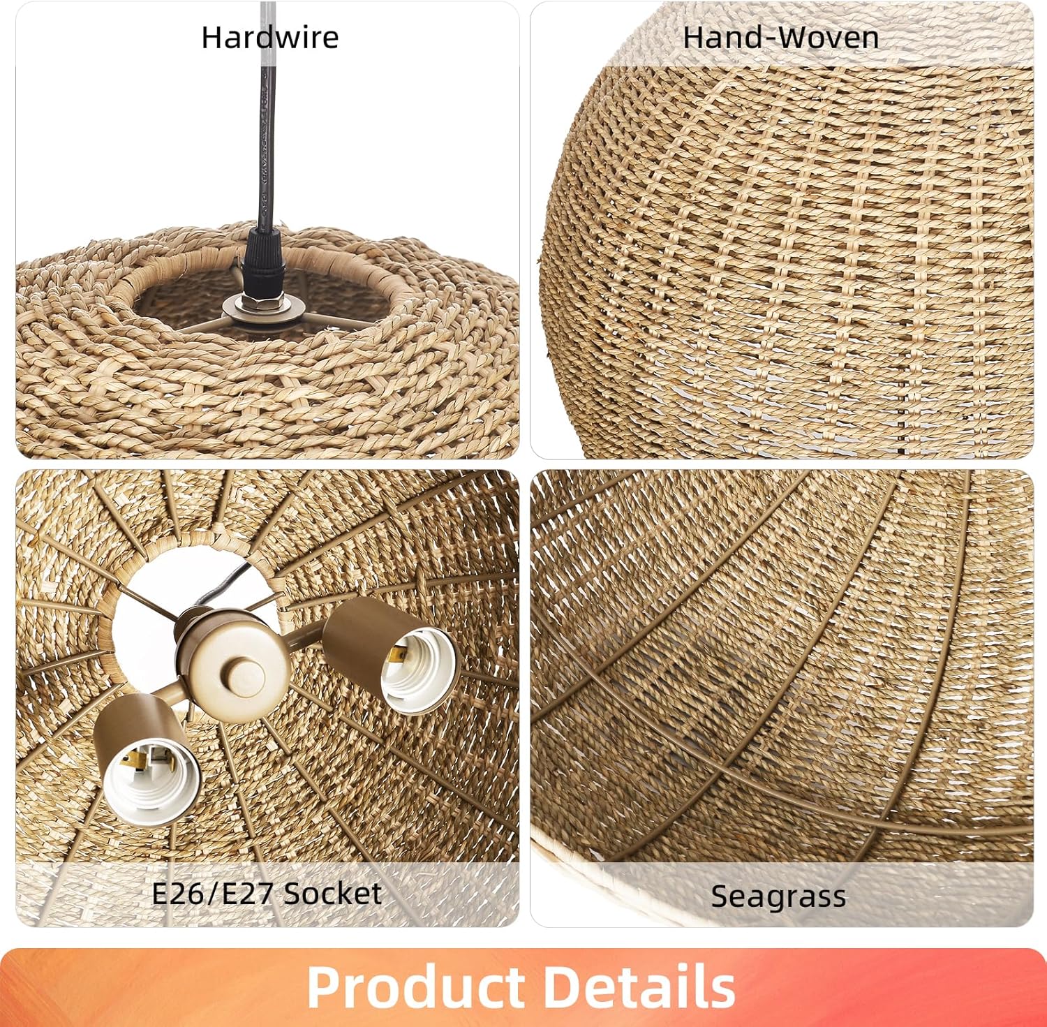 Arturesthome 2-Light Rustic Farmhouse Rattan Pendant Light,19.68in Large Dome Hand Woven Ceiling Mounted Rattan Chandelier,Coastal Beach Ceiling Hanging Light for Kitchen,Dining Room