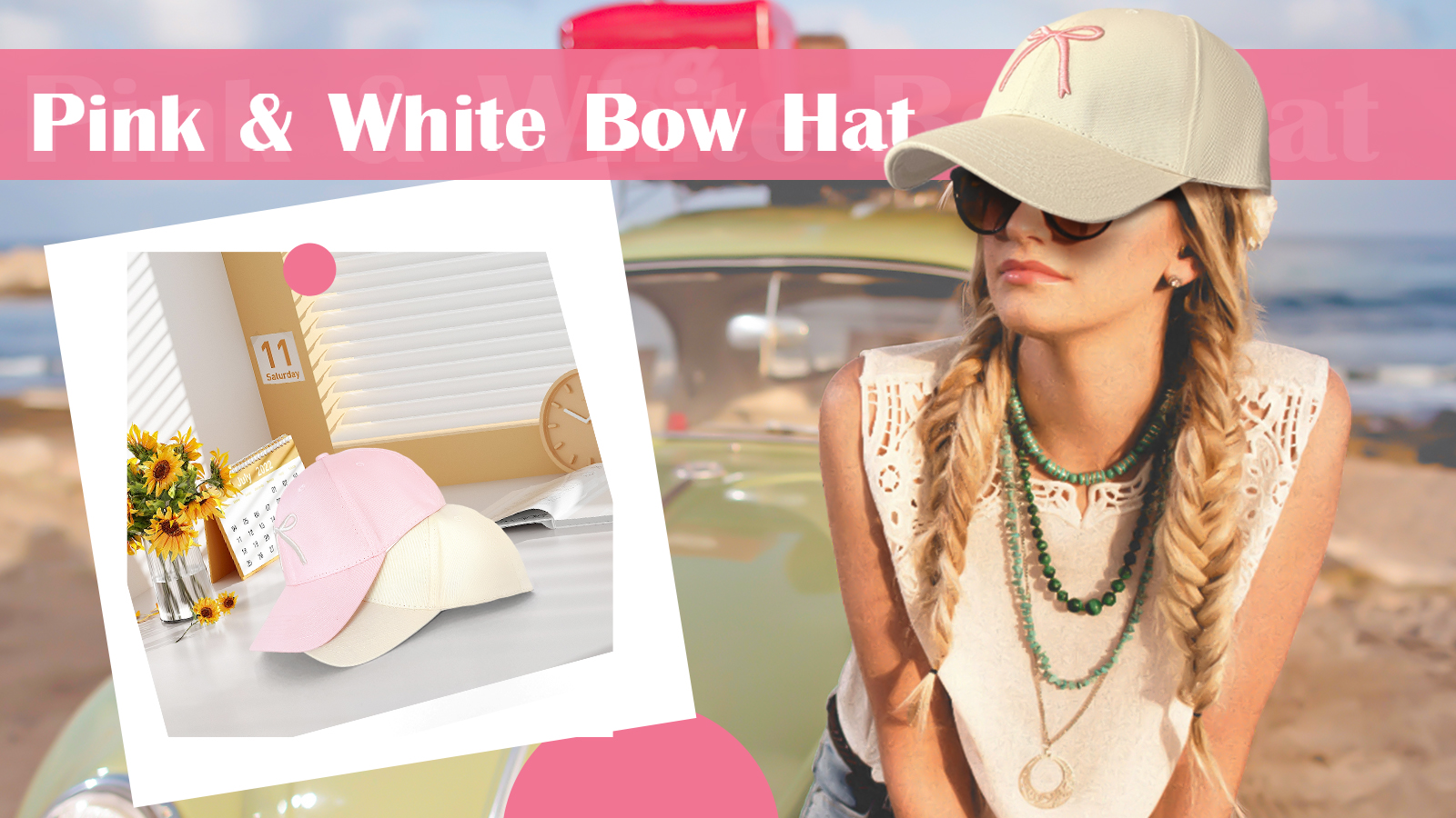 Light Beige Hat w/ Embroidered Pink Bow (Adjustable) NWT! Embroidered Bow Trucker Hat main image 4