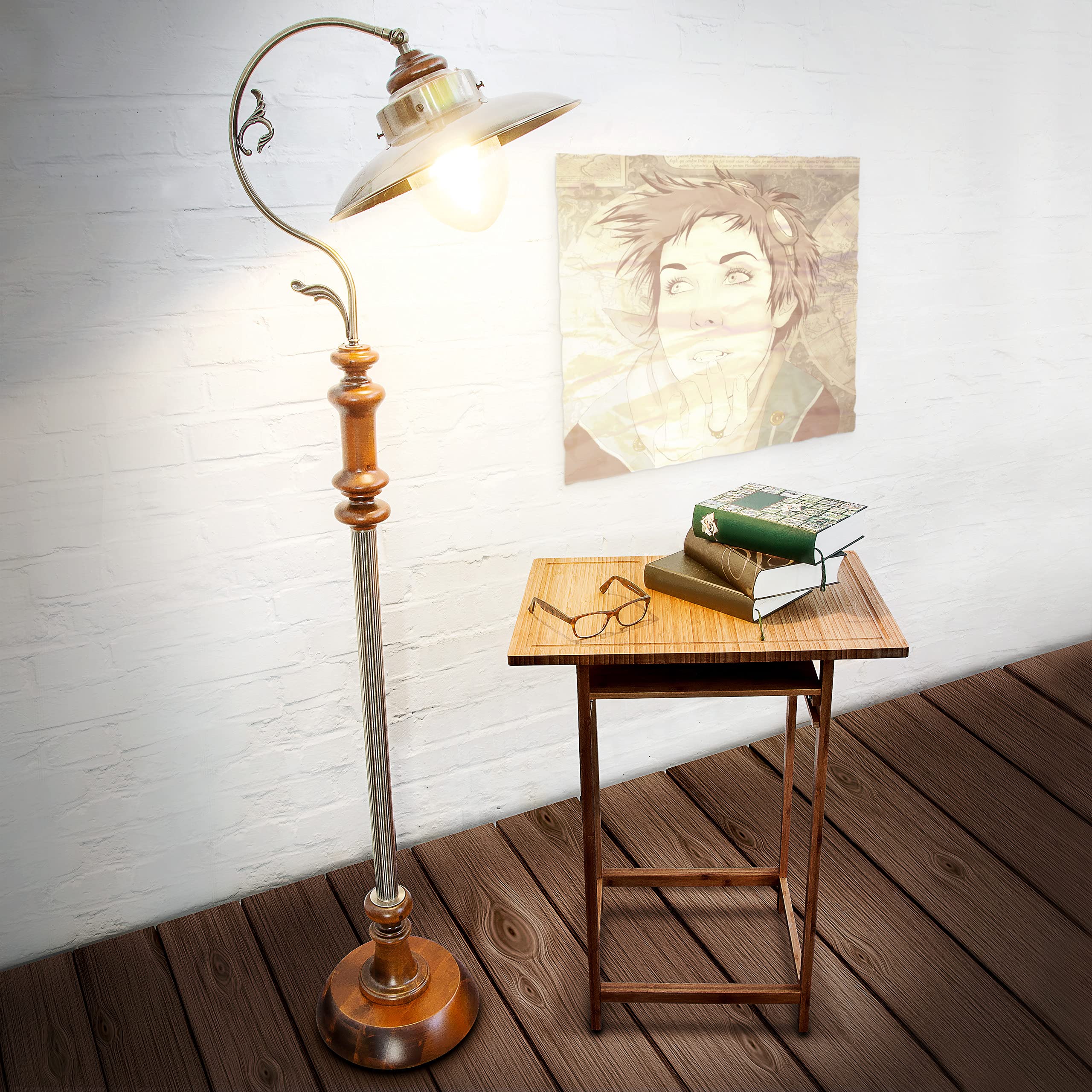 Relaxdays Lámpara de Pie en Estilo Vintage, Hierro-Madera, Marrón, 157 x 35 x 41 cm