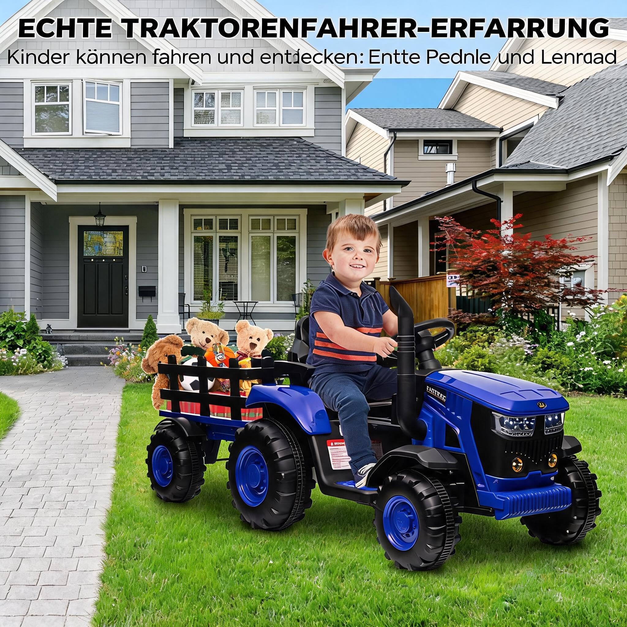 IDEALHOUSE 12V Elektro-Traktor Mit Abnehmbarem Anhänger, Kinder Elektroauto
