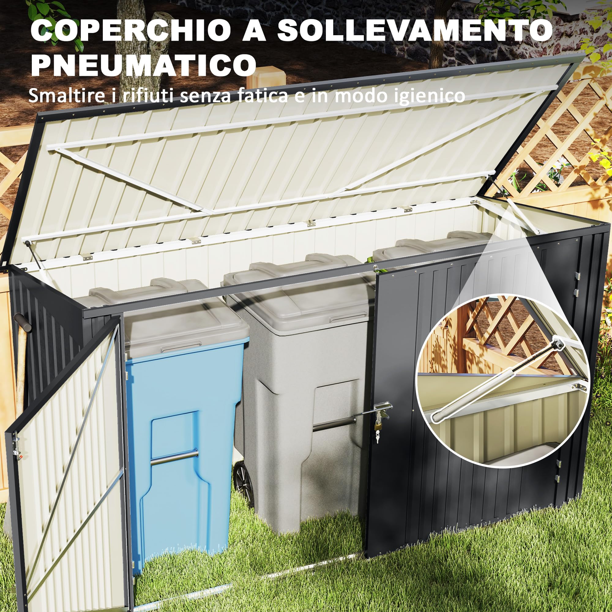 Outsunny Copribidone Spazzatura da Esterno per 3 Cassonetti da 240L, 233x105 cm Contenitore per Bidoni Rifiuti con 2 Porte e Serrature, 2.3m² Capanno da Esterno, Casetta per Bidoni in Acciaio, Grigio