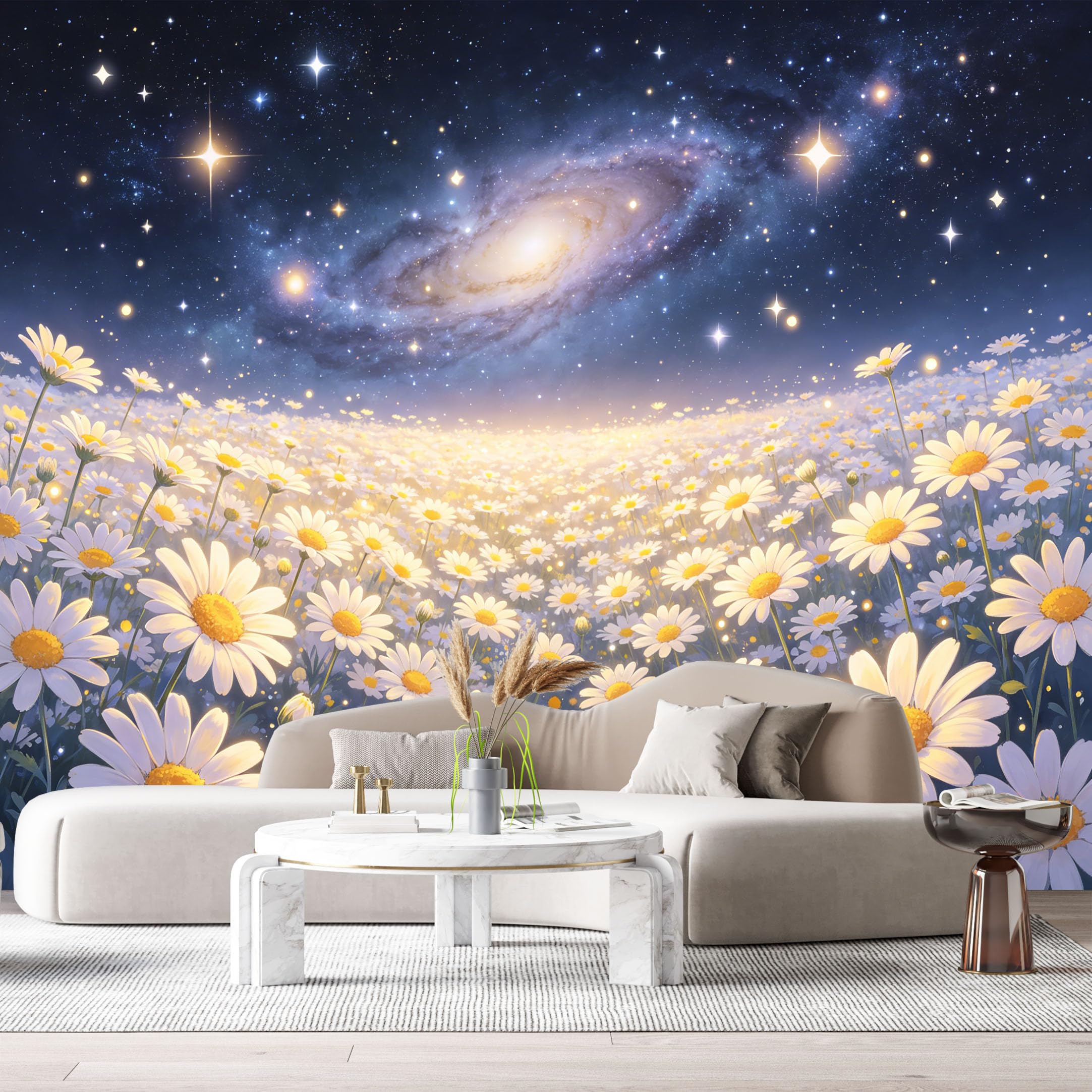 Custom Size Wall Murals Galaxy Night Sky Daisy Flower Field Modern Contemporary SelfAdhesiveWall Fabric Removable Wallpaper Wall Decor for Living Room Bedroom Bathroom