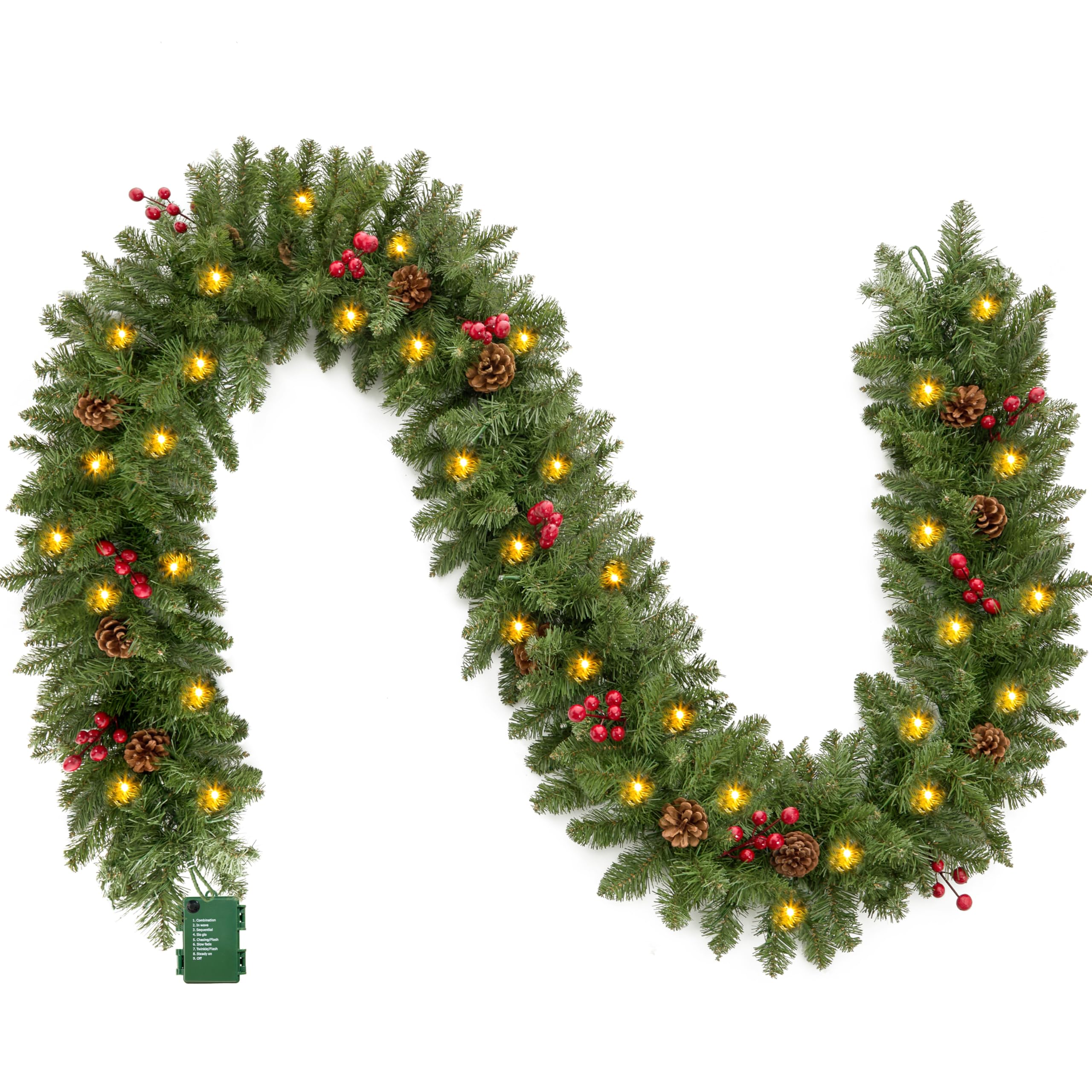 Joiedomi 9Ft Christmas Garland Prelit with Lights, 100 Warm White LED, 27 Pine Cones, 27 Red Berries for Home & Office Christmas Indoor and Outdoor Decorations (Battery Powered, not Included)