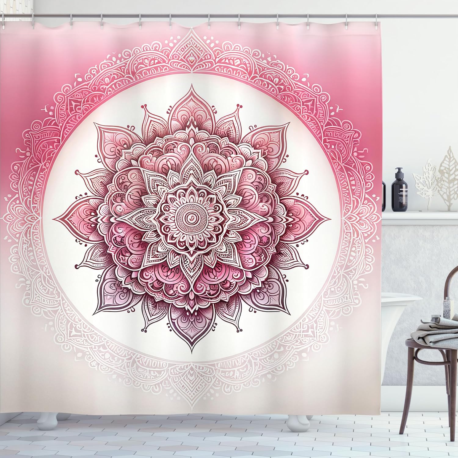 Ambesonne Pink Shower Curtain, Blooming Blushy Tone Mandala Flower with Leafy Details Oriental Boho, Cloth Fabric Bathroom Decor Set with Hooks, 69" W x 84" L, Magenta White Grey Yellow