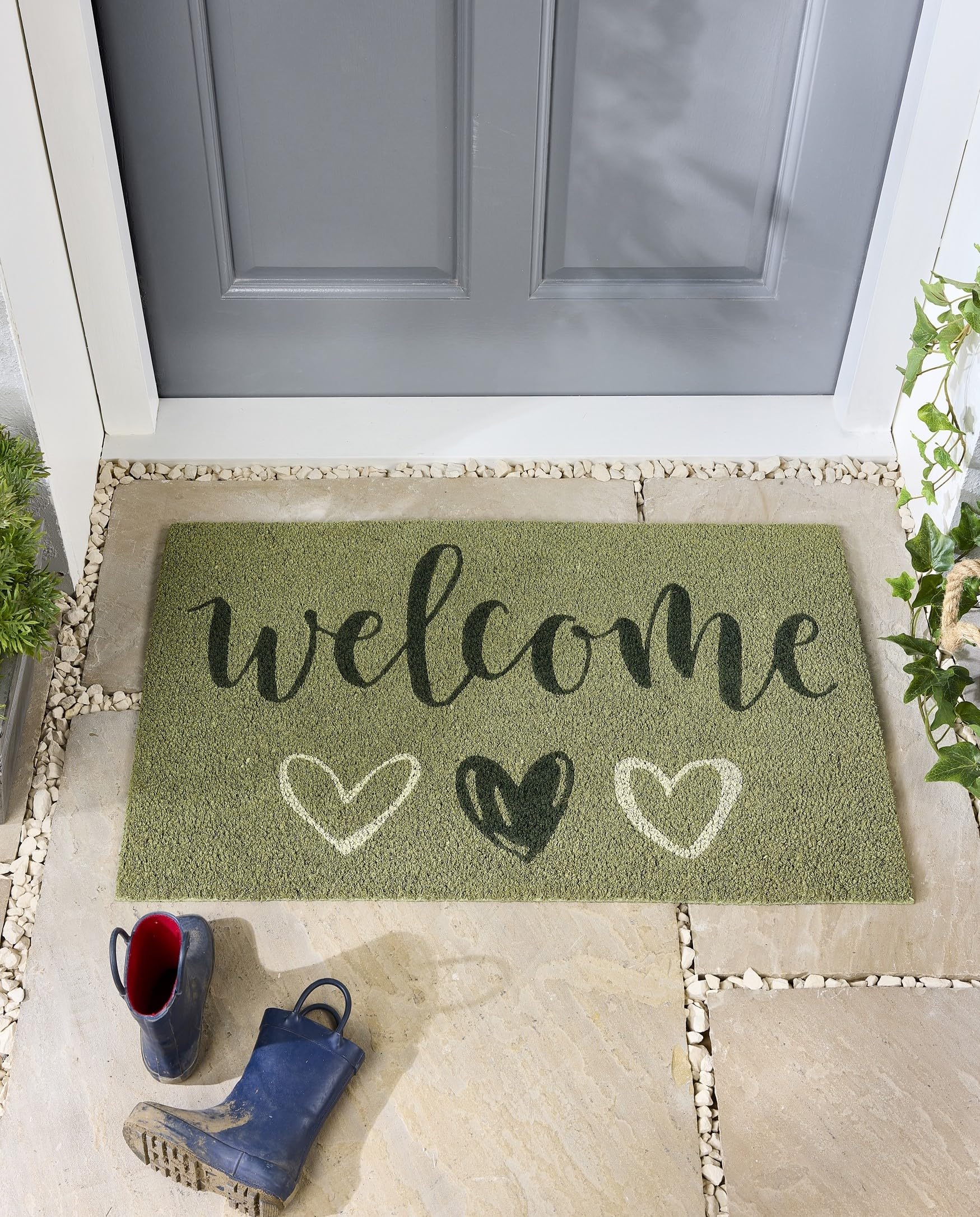 Coir Door Mat for Doorway, Home Entry, Balcony, Garden, Dirt Trapper Entrance Indoor Outdoor Non-Slip Absorbent Welcome Mat Natural Doormat in 45 x 75 cm (Welcome Sage)