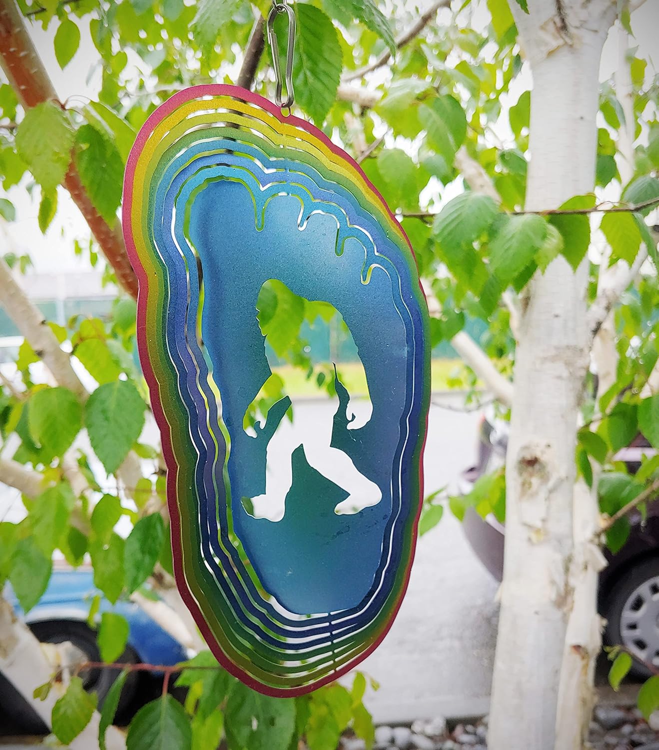 Bigfoot Wind Spinner (Big Foot Shape) - Rainbow Colored Stainless Steel - Bigfoot/Sasquatch/Yeti Gift -Lawn and Garden Ornament - SQUATCH METALWORKS