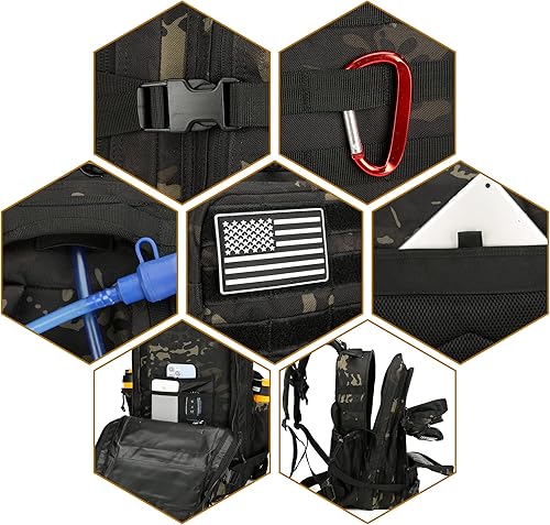 Miniatura 6 de Mochila de asalto táctico de 45L paquete de asalto de 3 días con mochila impermeable Molle para mochilas tácticas, Camo Negro, Mochila