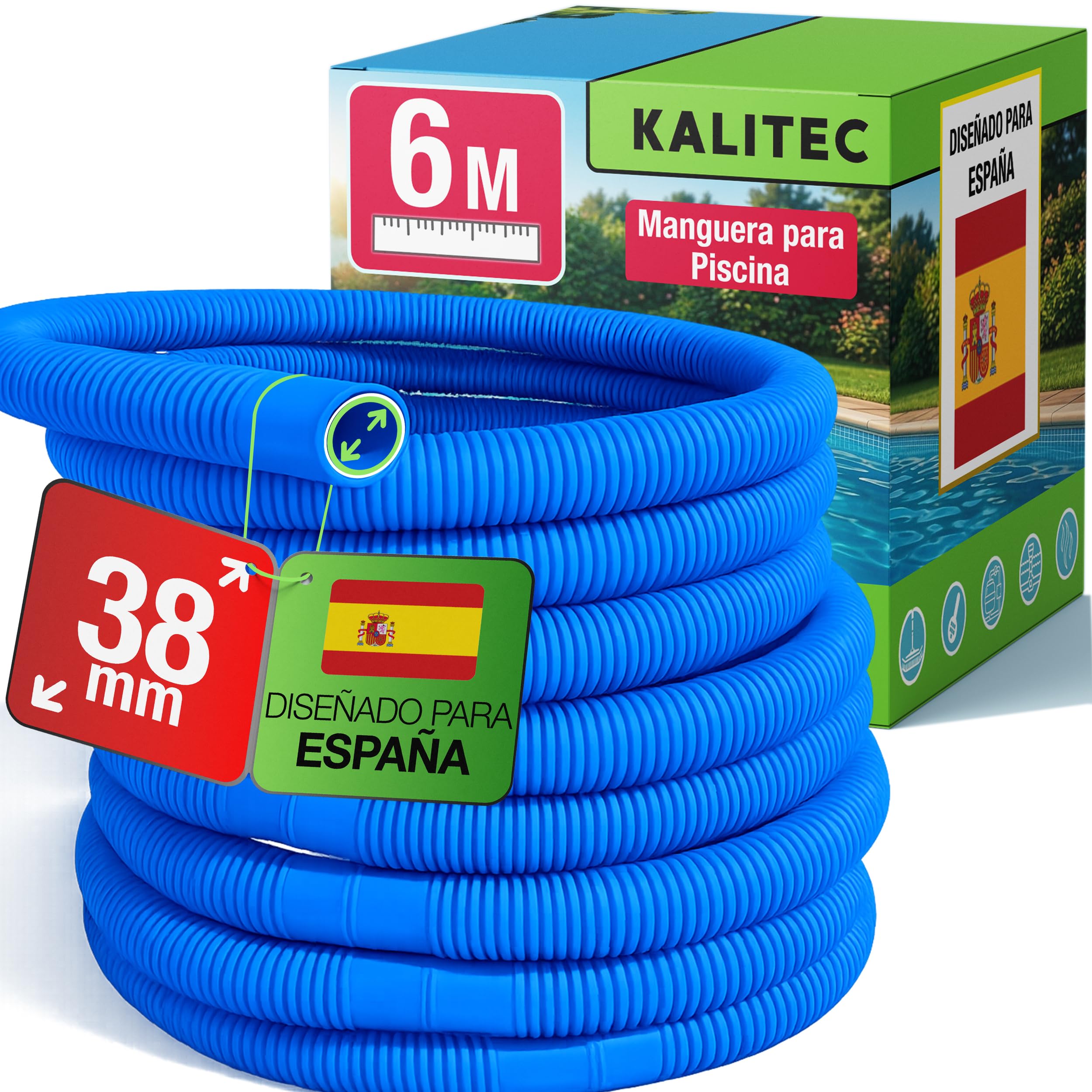 Kalitec Manguera de piscina 38mm 6m azul – Manguera flexible & desmontable – Tubo para bomba, Skimmer & filtro de arena – Tubo de bomba 38 mm Diámetro interior