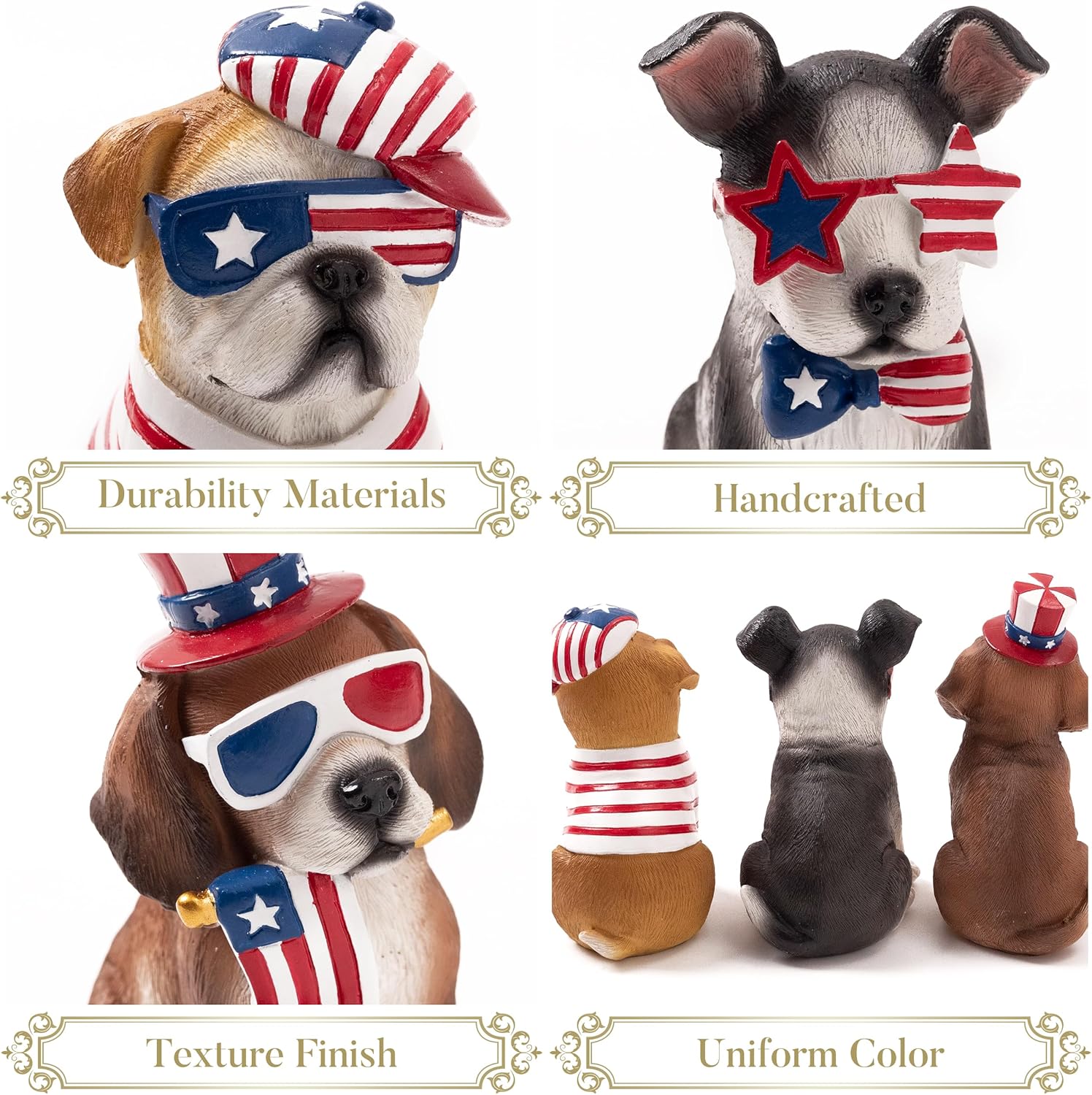 Valery Madelyn 4th of July Puppy Decorations, Memorial Day Decor for Home, Medium 3Pcs Patriotic USA 250th Anniversary Decorations, Stars and Stripes Dogs Figurine for Independence Day Labor Day