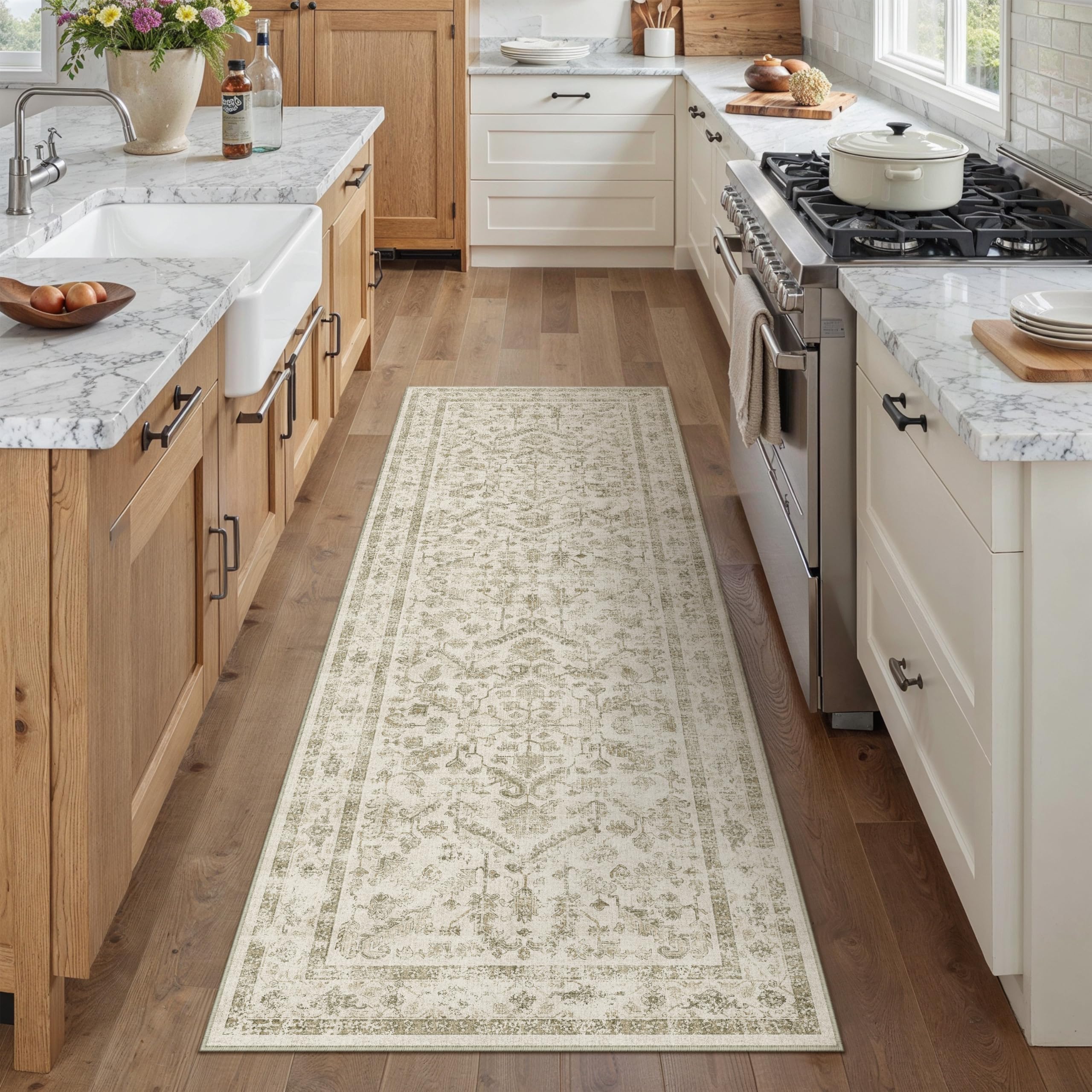 PureCozy Vintage Washable Beige Hallway Runner Rug 60x180cm Hall Runner Long Area Rugs Non Slip Soft Carpet Kitchen Bedroom Bedside Dining Room Office Indoor Low Pile Carpets - Image 3