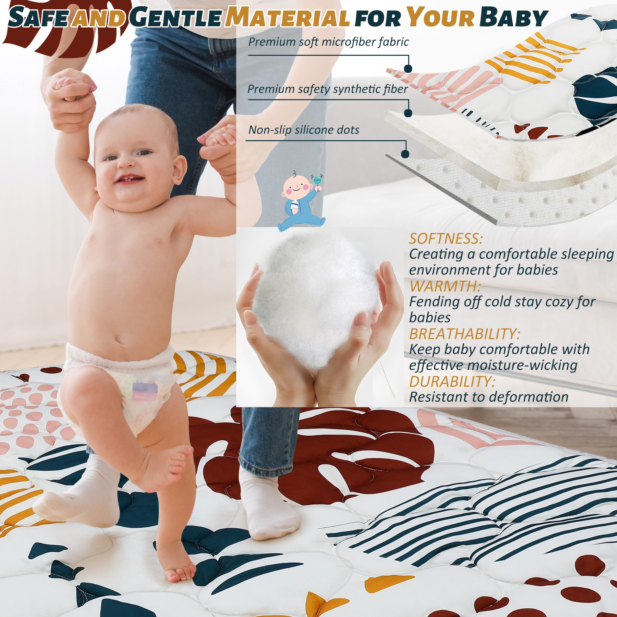 PLUUSHUU Baby Play Mats for Floor, 50x50 Playpen Mat for Babies, Extra Thicker & Soft Floor Crawling Mat, Foldable Non-Slip Playmat Cushioned for Infants Toddlers, Boho Leaf Design