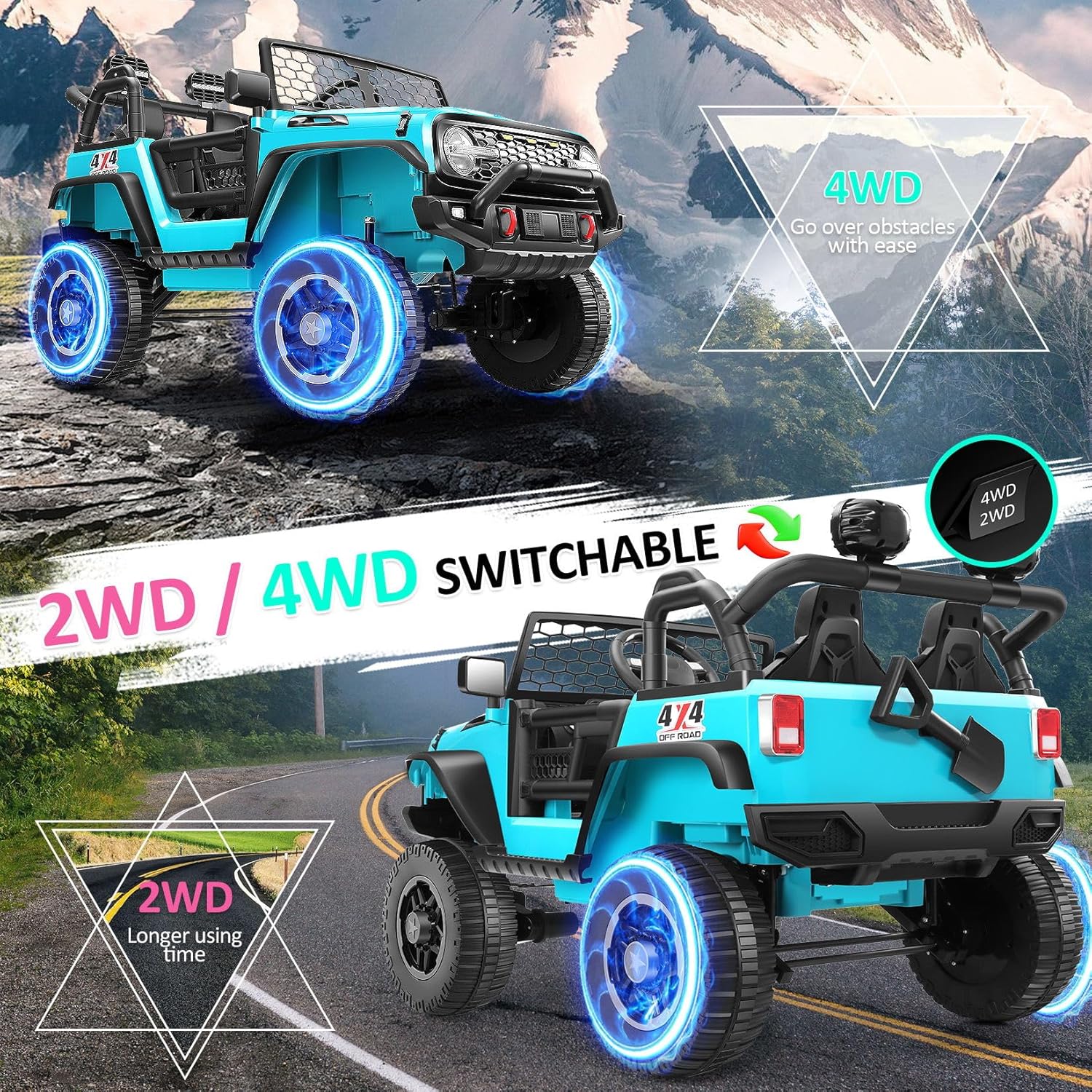 Hikole Two Seater Ride on Cars for Kids, 24V Electric Ride on Toys for Big Kids W/Parental Remote, 4x100W Powerful Wheels, Music, LED Lights, 4WD/2WD Switchable, Battery Powered Car Boys Girls, Blue