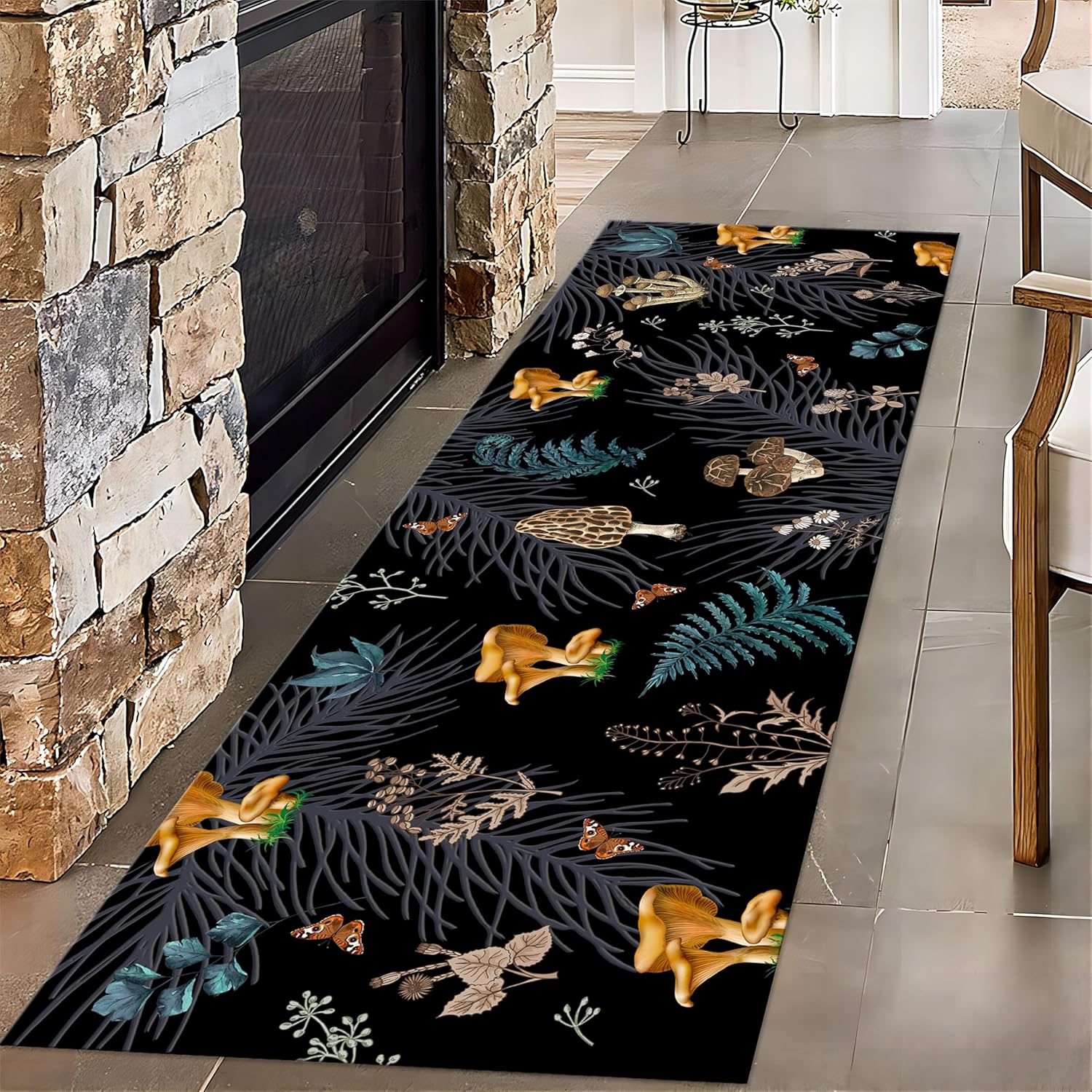 Gothic Mushroom Runner Rug, 1.3x7ft, Forest Leaf Butterfly Print Long Hallway Rug Runners, Absorbent Washable Anti-Slip Area Rug, Rubber Backed Durable Easy Clean Mat for Entrance Bedroom