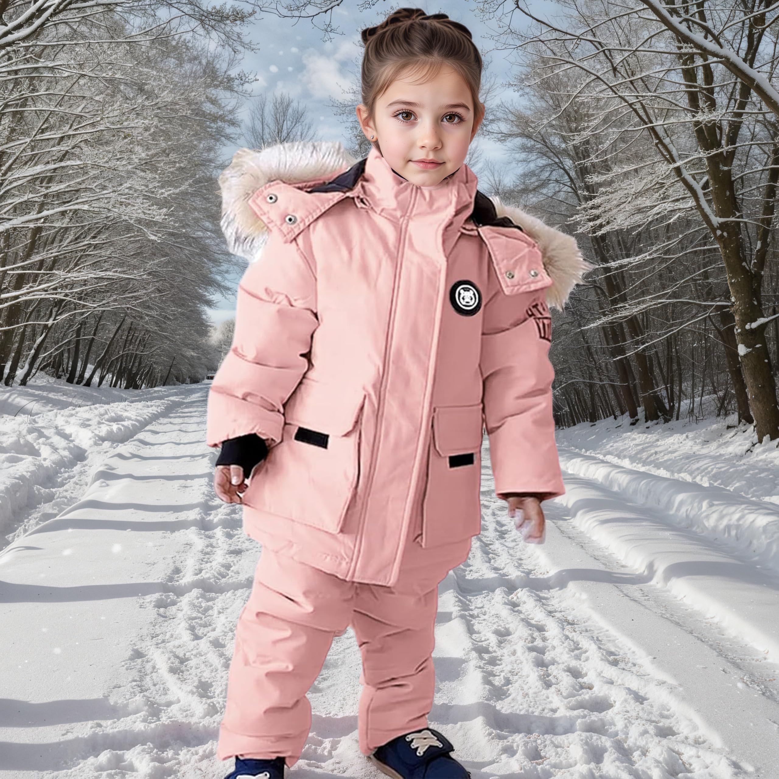 Baby Schneeanzug 2 Teiler Skianzug Mit Kapuze Winddicht Daunenjacke Mantel mit Schnee Lätzchen Hose Skihose Kapuzenjacke Schneehose Schneekleidung Winteranzug für Jungen Mädchen 24 Monate-5 Jahre