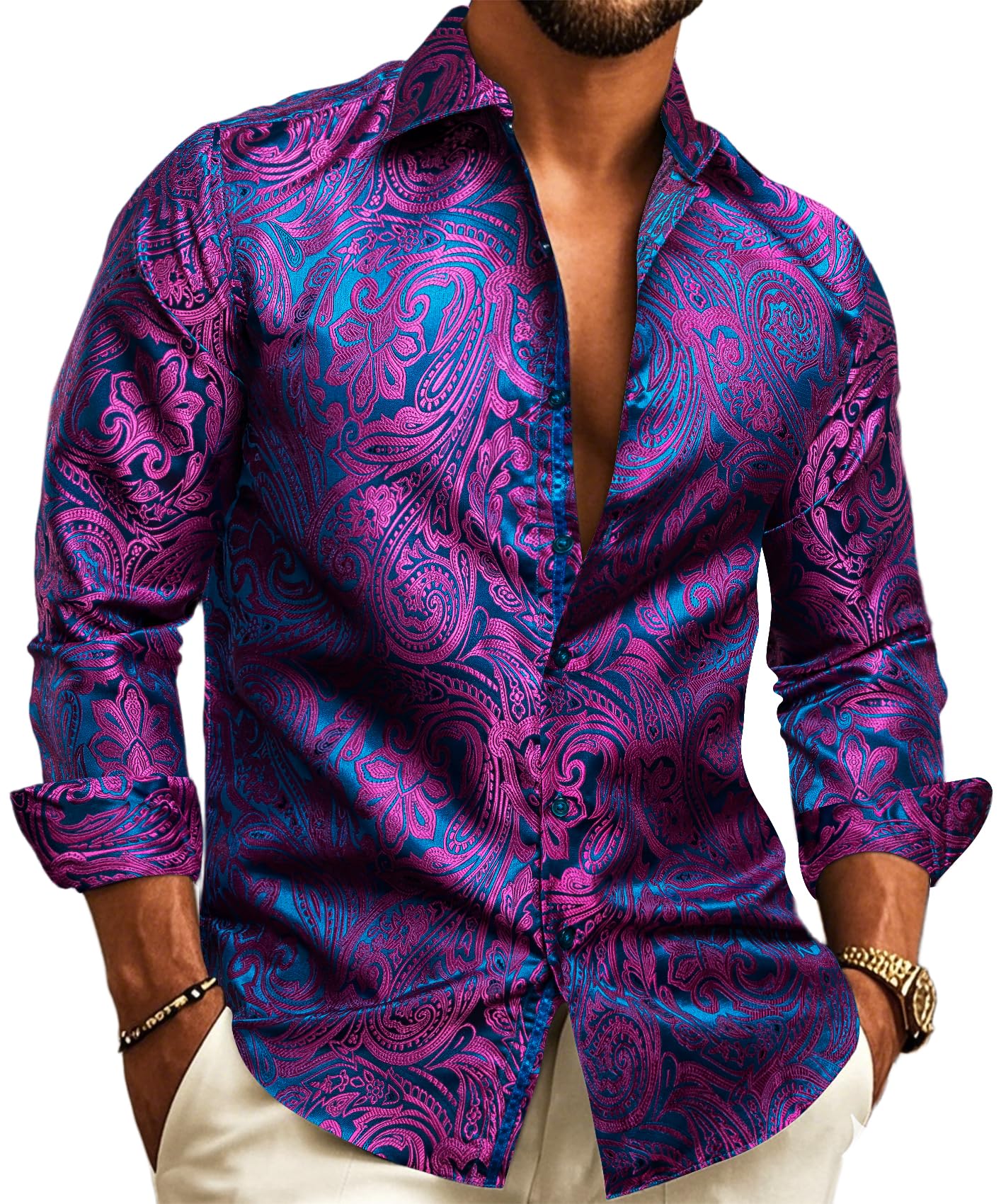 Barry.Wang Men's Paisley Shirt Bequemer Schnitt für große und große Männer Seide Jacquard Business Hochzeit Freizeithemd für Männer