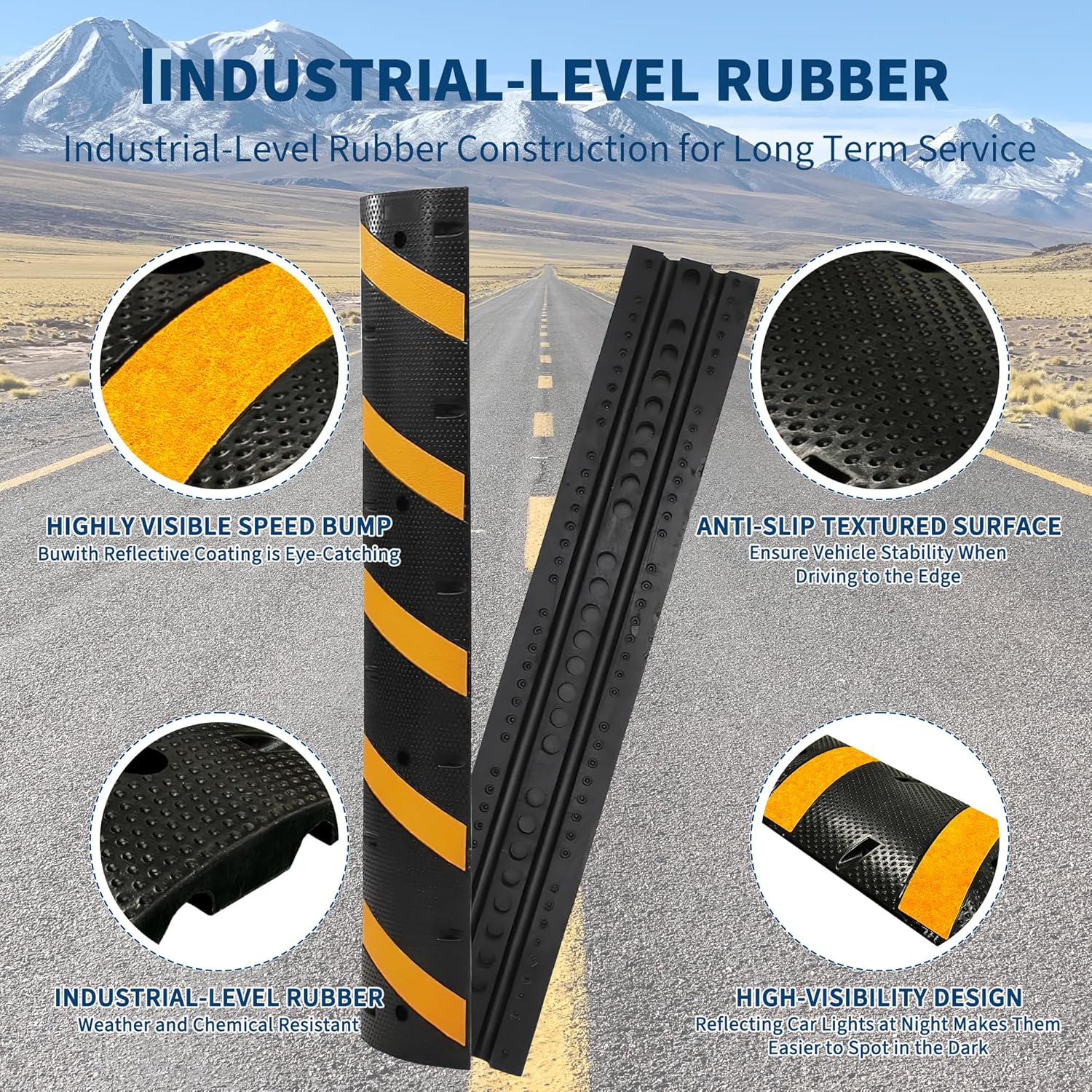 7FT Rubber Speed Bump with 2 End Cap, 1-Pack Speed Bumps for Road, 66000 LBS Capacity Speed Humps with 4 Bolts for Parking Lots