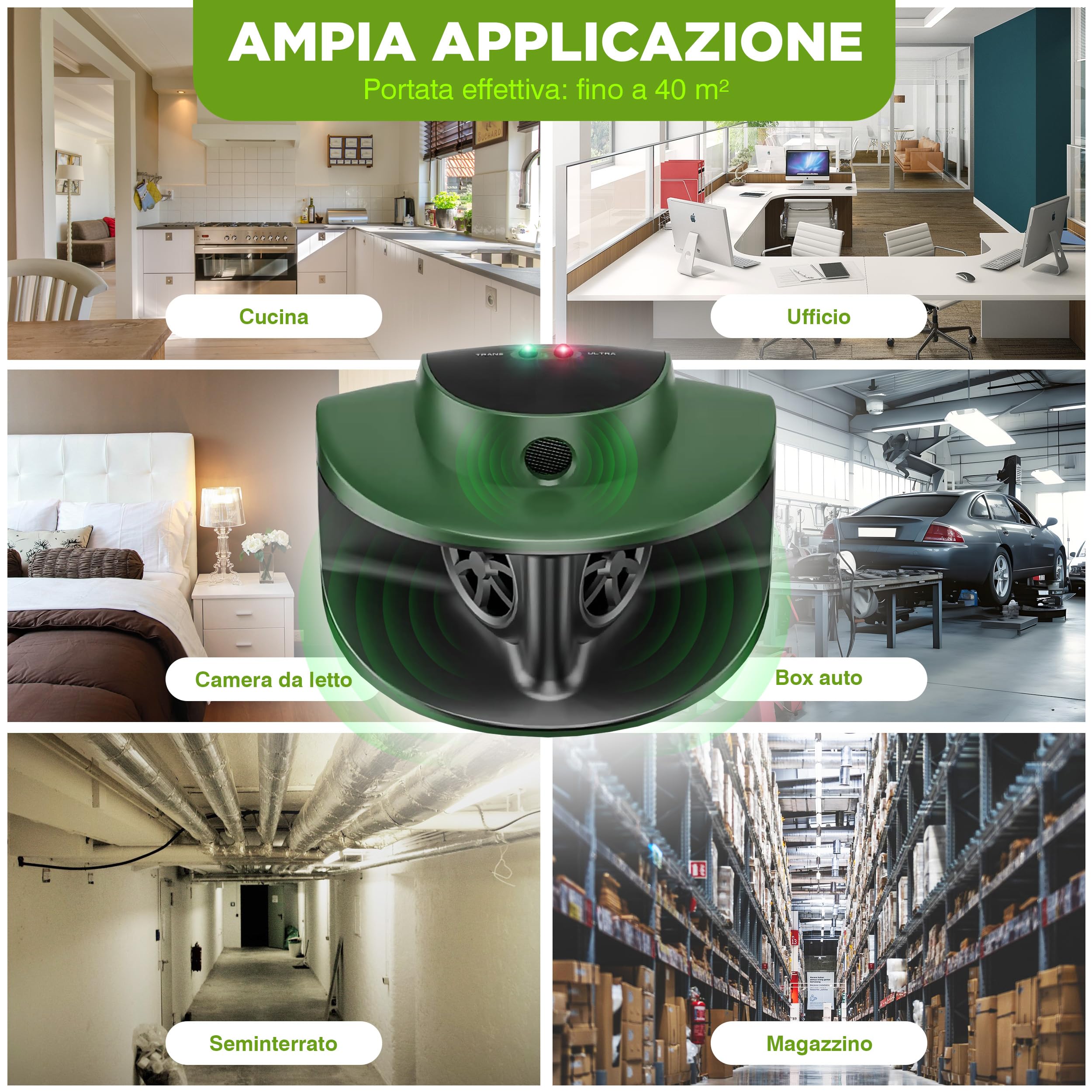 ISOTRONIC repellente topi ultrasuoni ratti scarafaggi procioni parassiti casa cantina giardino senza veleno portata 40m² 2 unità efficace interno esterno protezione difesa dissuasore stop insetti