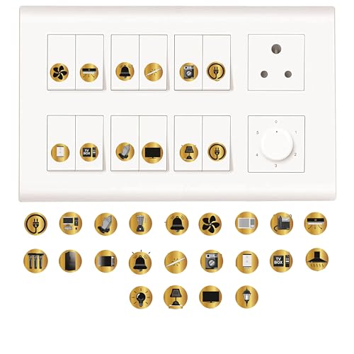 Image of Gold Black Metallic Colour Switch Board Stickers for Home | 330 Labels with 22 Icons for Fan Light AC Fridge | Elegant Electric Switch Stickers for Button Labeling | Modular Switch Panels