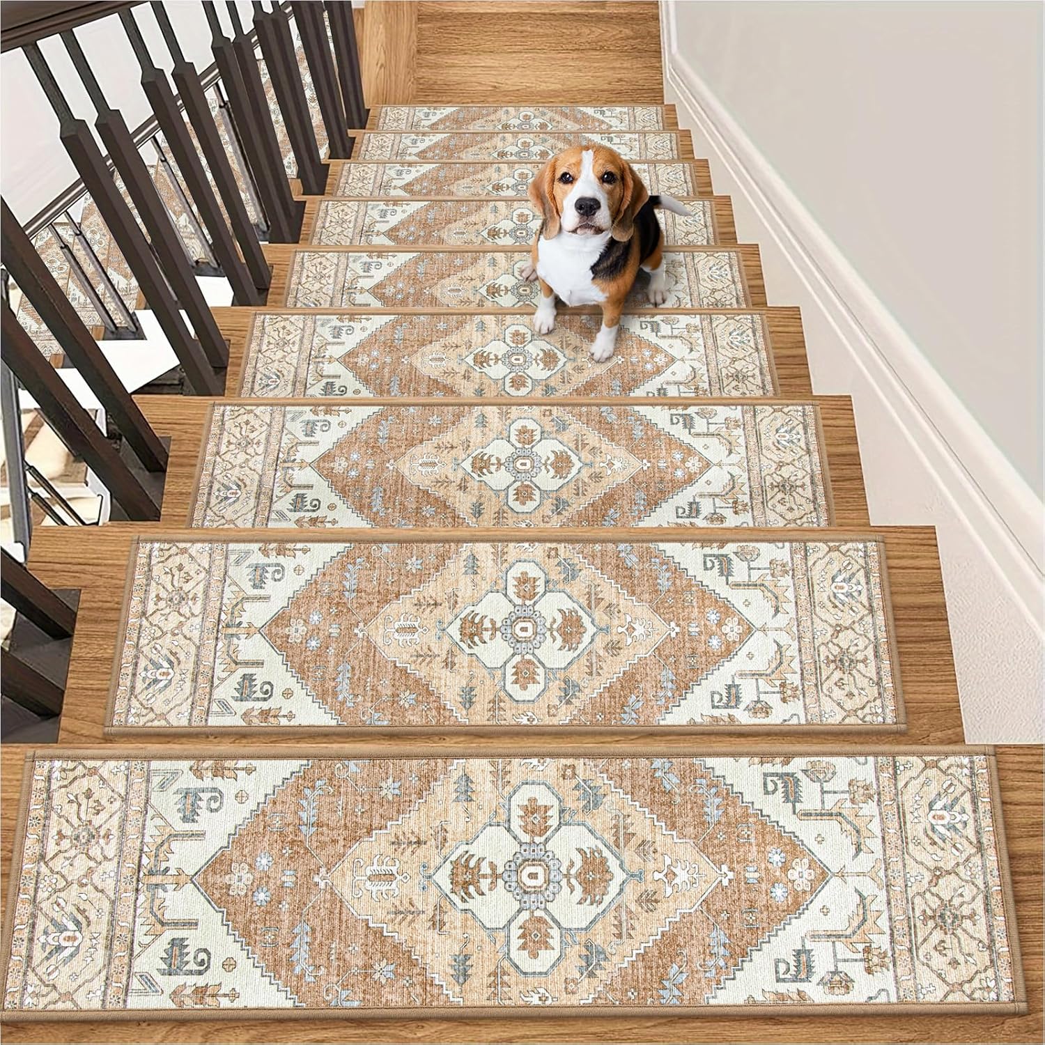 Lahome Stair Treads Non Slip 15 Pack 8" X 30" Stair Treads for Wooden Steps, Washable Self Adhesive Stair Runners Stain Resistant Stair Carpet, Edging Staircase for Kids Elders and Dogs Dorie, Taupe