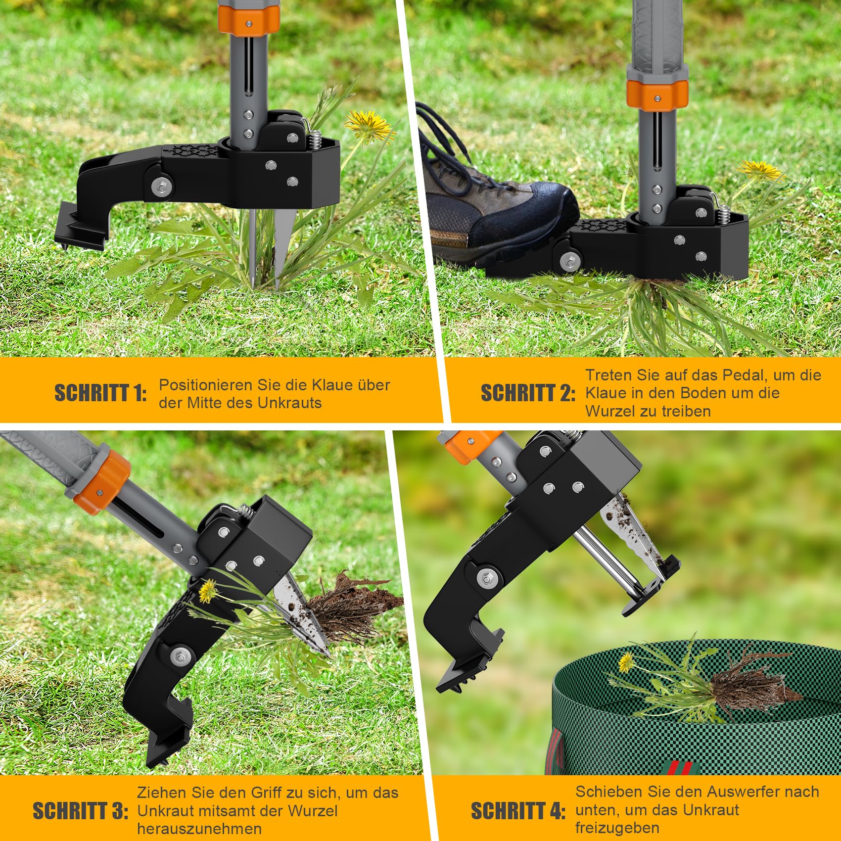 Stand-Up Unkrautstecher mit Teleskopstiel (98–117 cm), 4 Edelstahl-Krallen & automatischer Rückstellung, Unkrautentferner ohne Bücken, inklusive praktischer Gartentasche