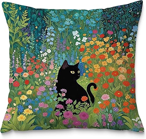 Fundas de almohada florales negras con gatos de Fuasei de 18x18, regalos para amantes de gatos, regalos para abuela y mamá de gato, almohadas