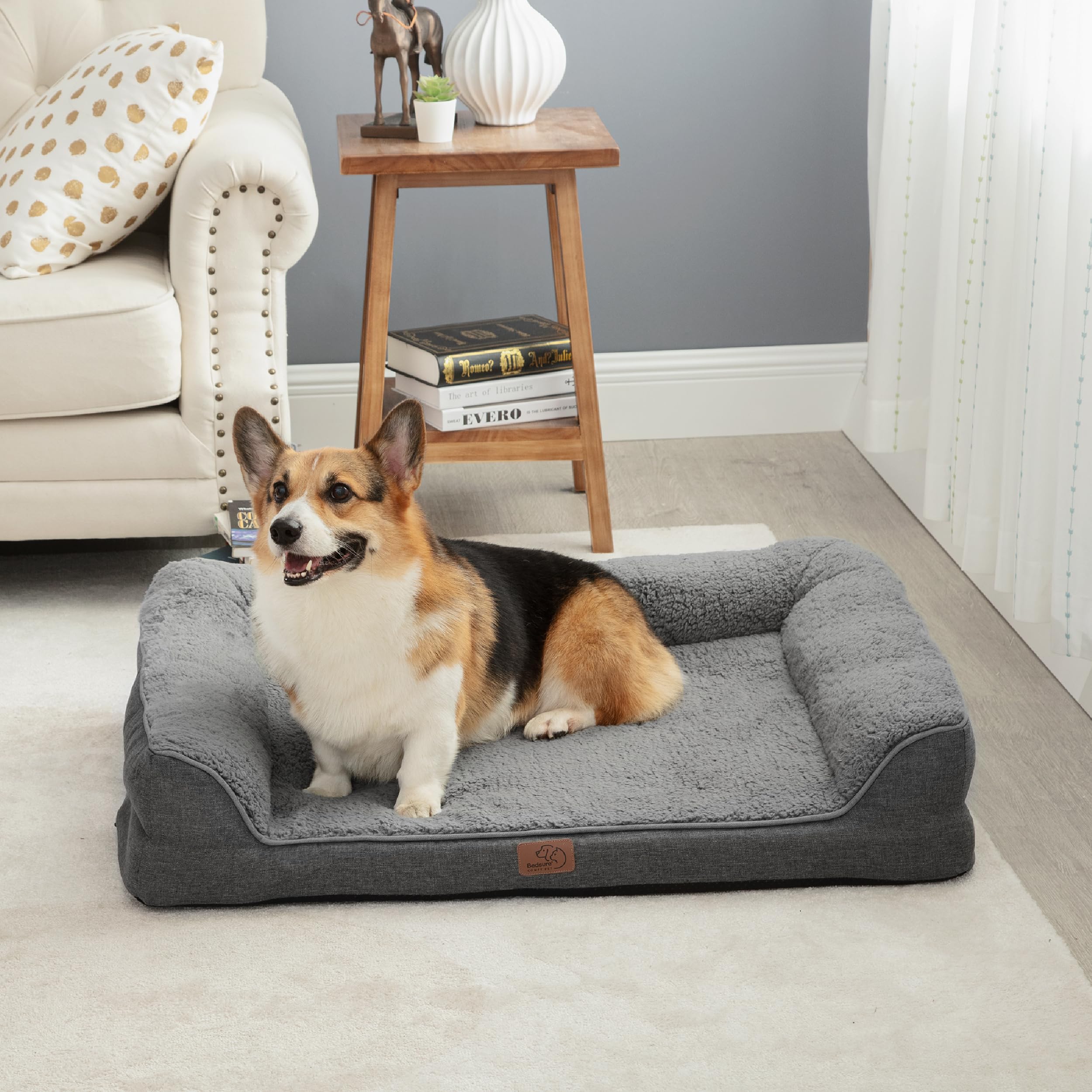 BEDSURE orthopädisches Hundebett große Hunde - Hundesofa mit eierförmiger Kistenschaum, kuschelig Schlafplatz in Größe 91x68 cm, waschbare Hundesofa, grau