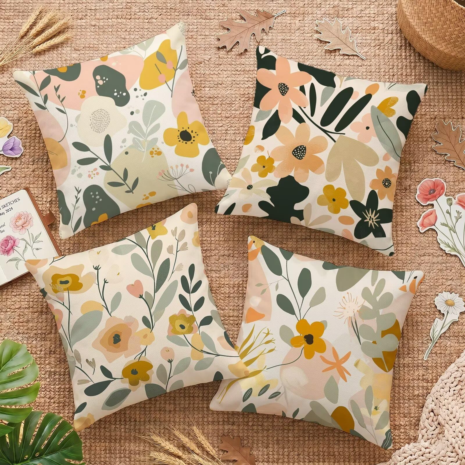 Housses de coussin 40x40cm en velours imperméable et fleurs pour jardin