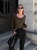 Vista 3 de OQQ Body de 2 piezas para mujer, sexy, acanalado, de una pieza, manga larga, cuello redondo