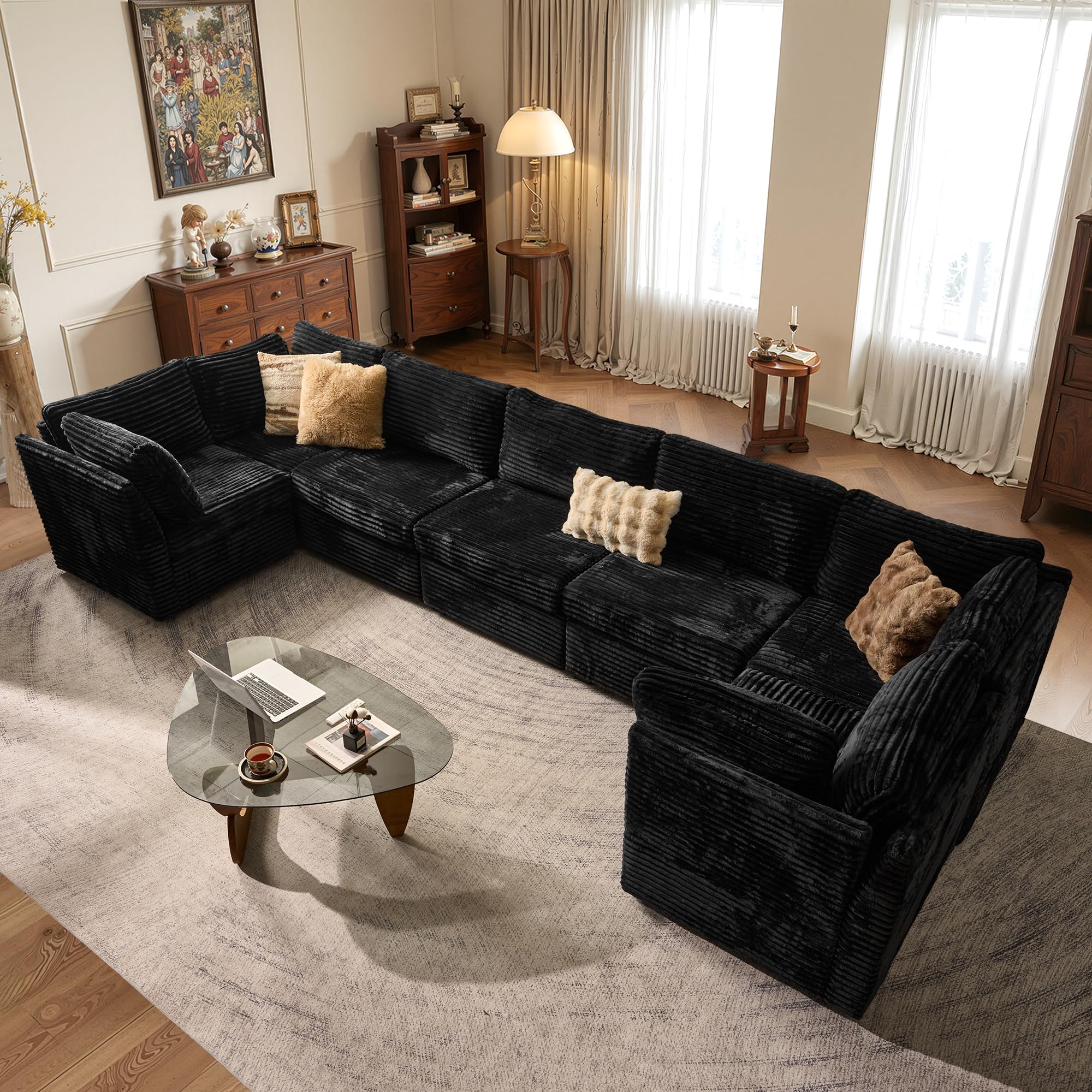 ovios Modular Sectional Sofa Couch with U-Shape Chaise Oversized, Comfy Plush Corduroy Cloud Couches, Modern Luxury Deep Seat Sofas Set for Living Room, 7-Seater, Black