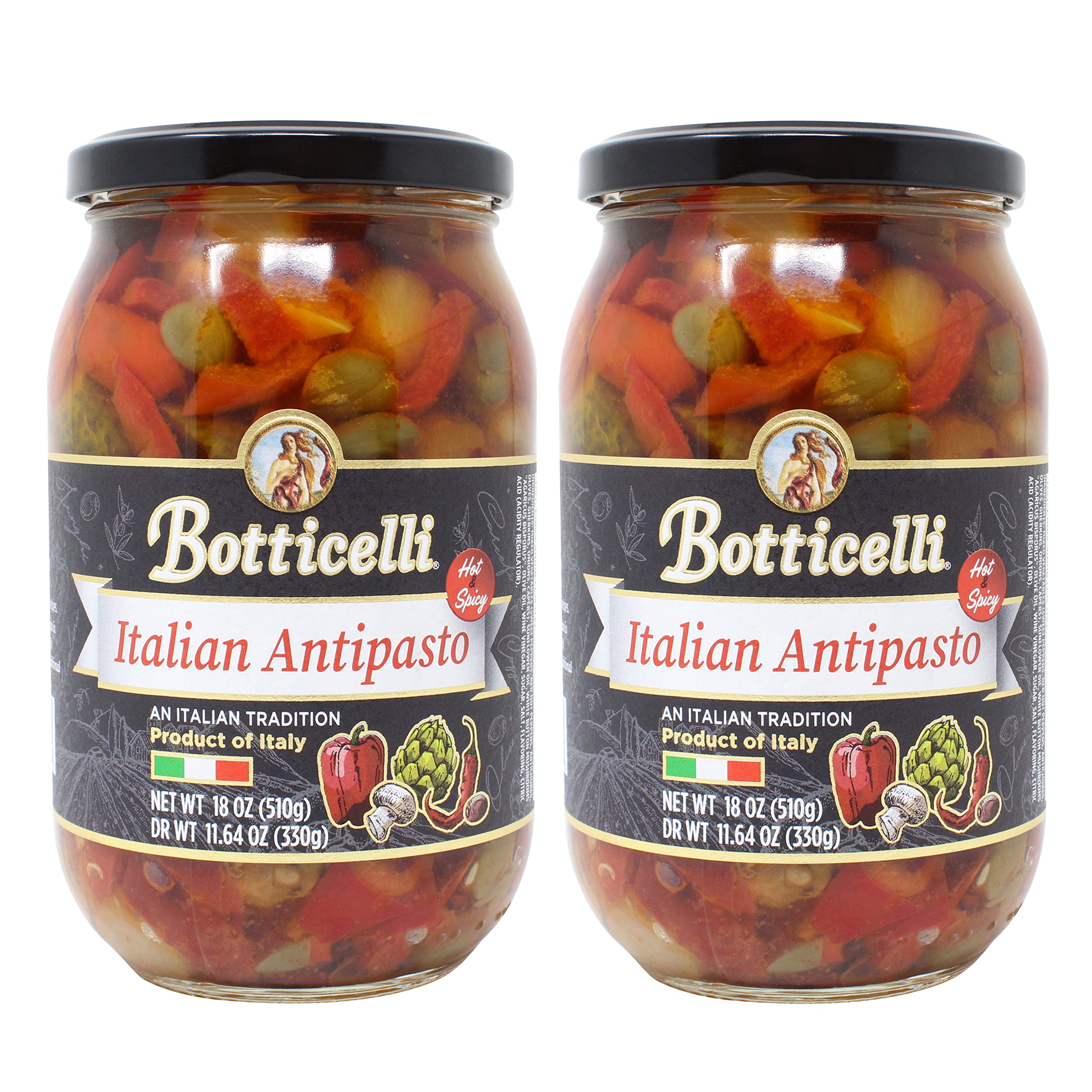 Hot Antipasto by Botticelli, 18oz Jars (Pack of 2) Premium Spicy Italian Appetizer Gluten