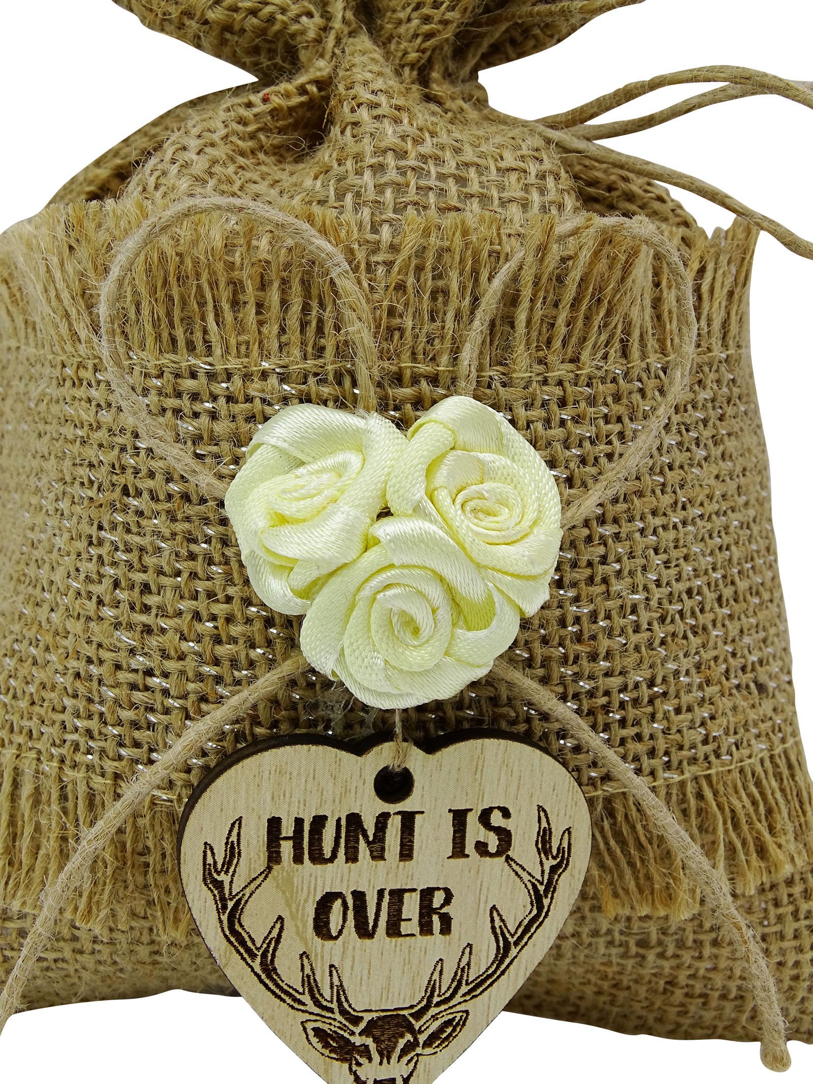 Boda rústica con cordón de yute bolsa de caza ha terminado Charm Pequeño yute Favor Bolsa + rótulos de 4 x 6,5 pulgadas