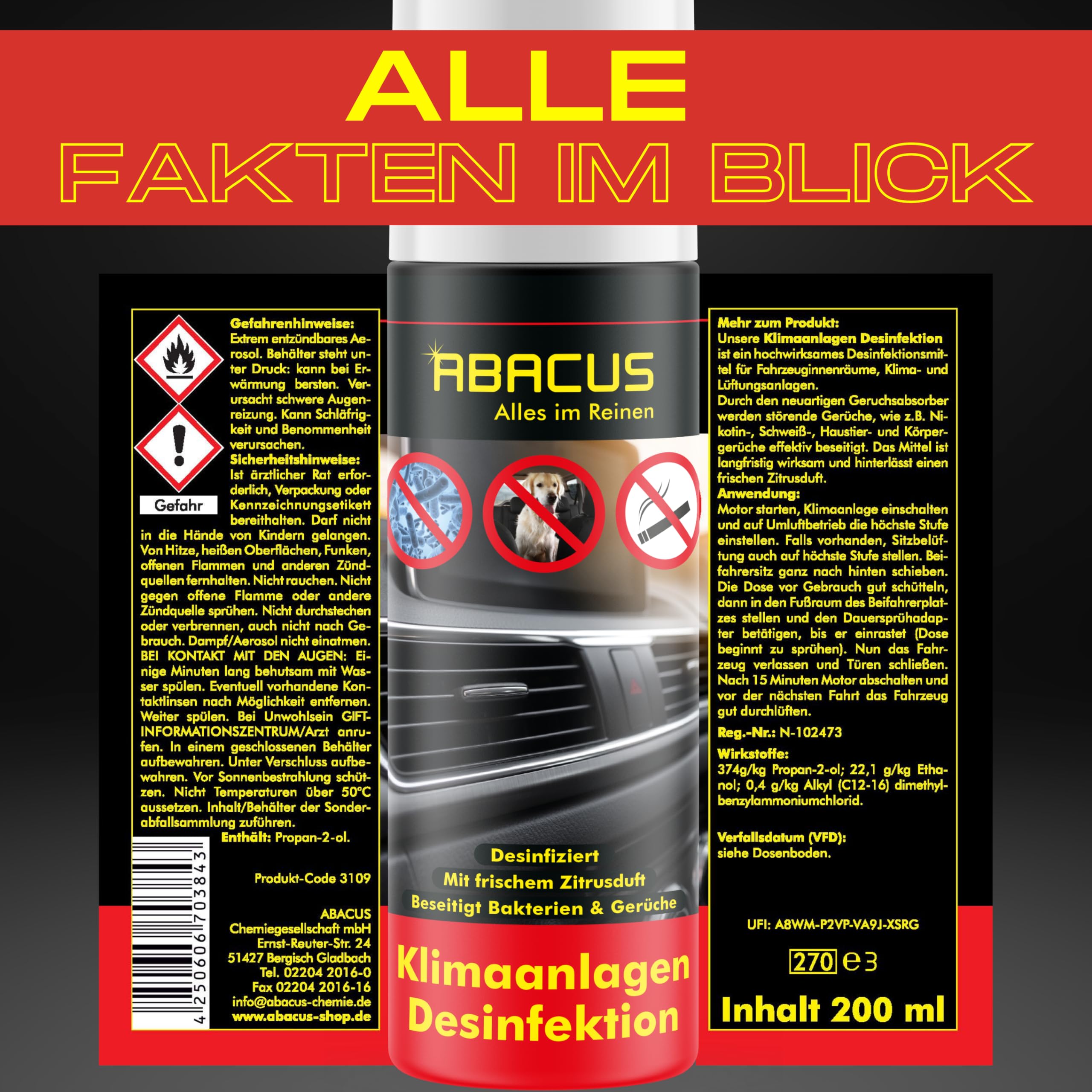 ABACUS® Klimaanlagen Desinfektion, Klimaanlagenreiniger Auto, Klimaanlagen-Desinfektion Auto, Klimadesinfektion, Desinfektion und Reinigung für Klimaanlagen, Klimaanlagen Desinfektion 2x 200ml (7301)