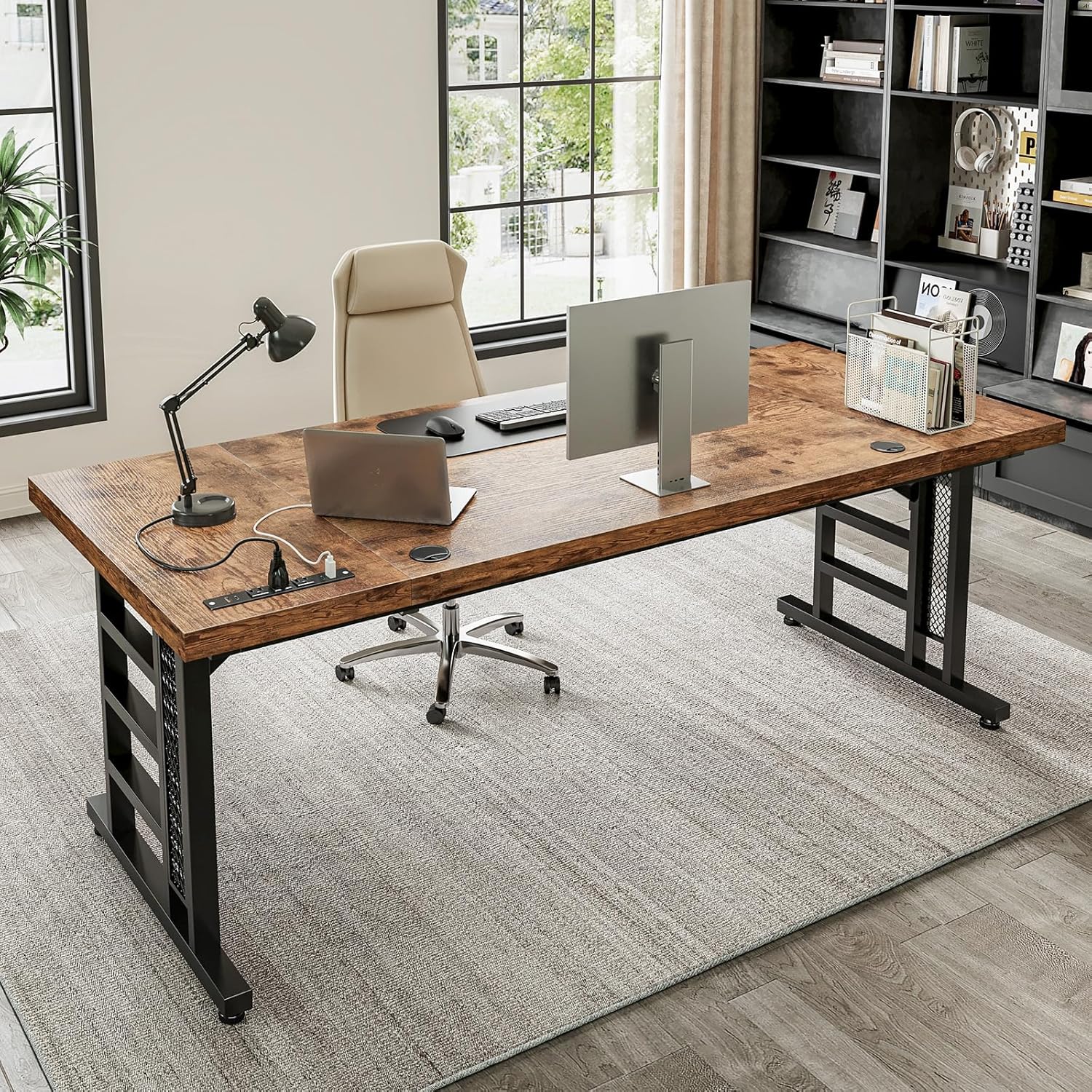 Coleshome 78 Inch Executive Desk with USB Ports & Power Outlets - Extra Thick Vintage Home Office Workstation