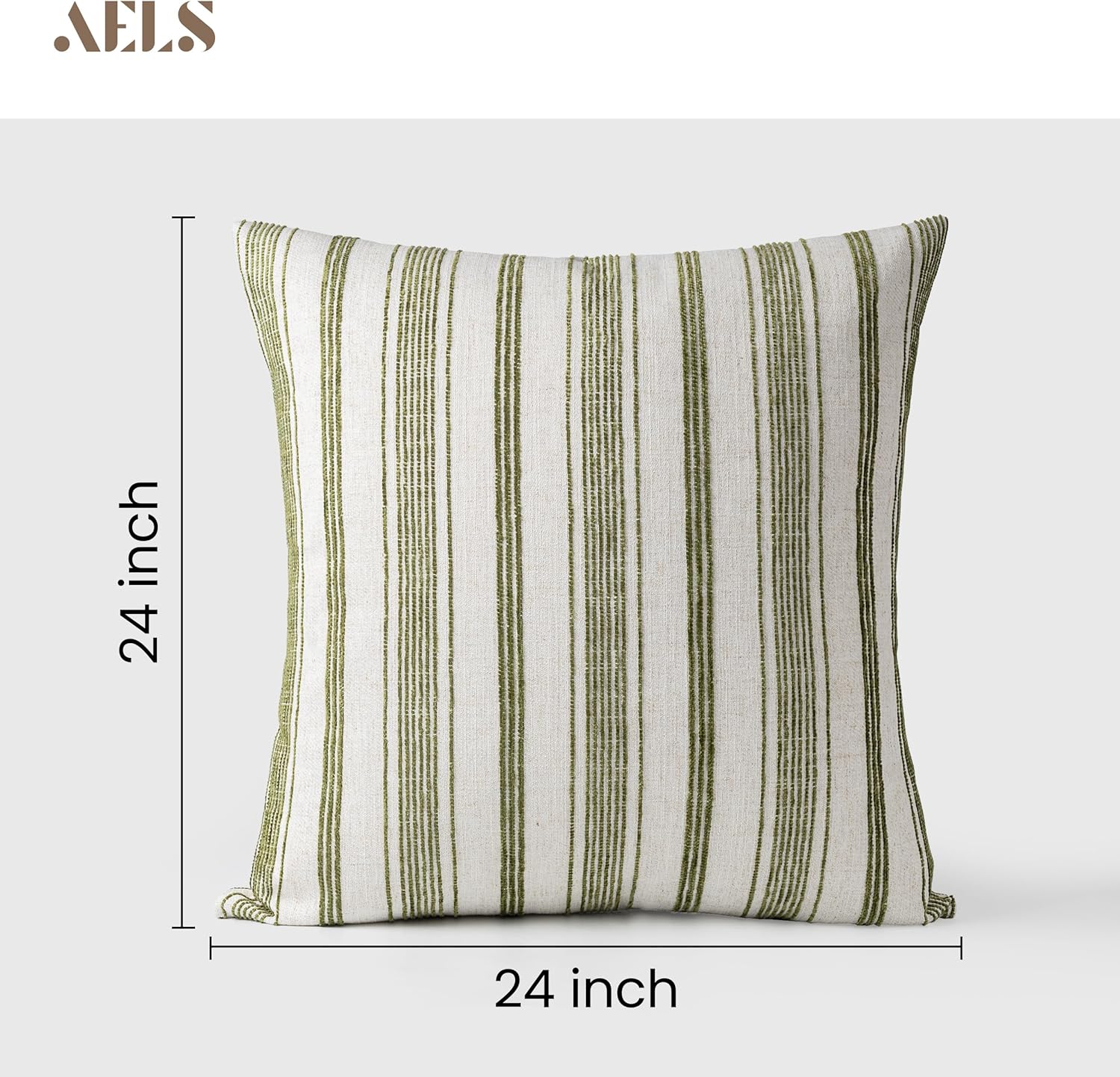 AELS 24x24 Decorative Farmhouse Linen Throw Pillow Covers, Beige with Olive Green Chenille Striped Pillow Case, Set of 2, Boho Textured Cushion Cover for Sofa Couch Living Room (Cover ONLY)