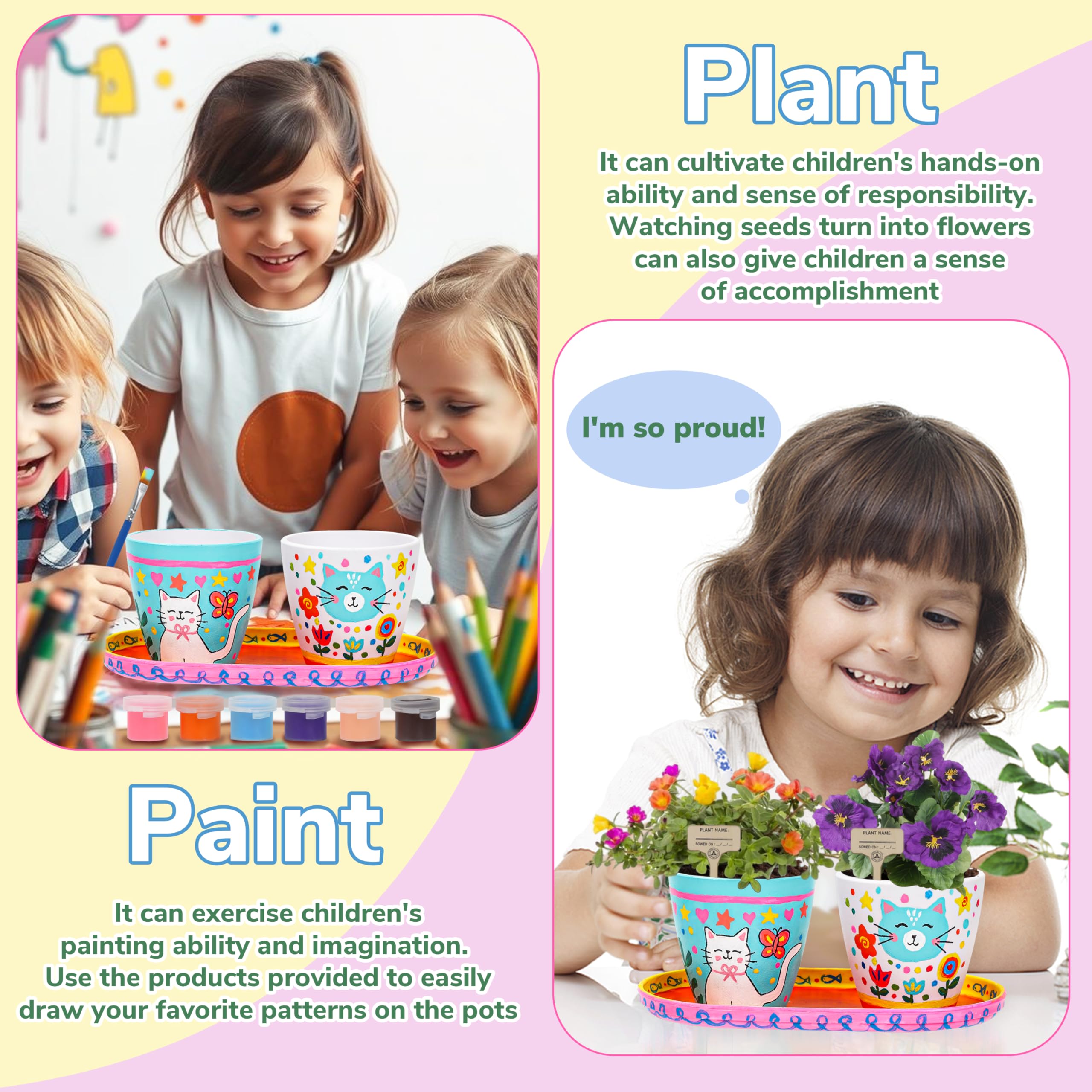 Kit de jardinería de flores de pintura y plantas con 4 macetas, juego de jardinería para niños de 8 a 12 años, kit de actividades de arte y manualidades de primavera, regalos educativos 7
