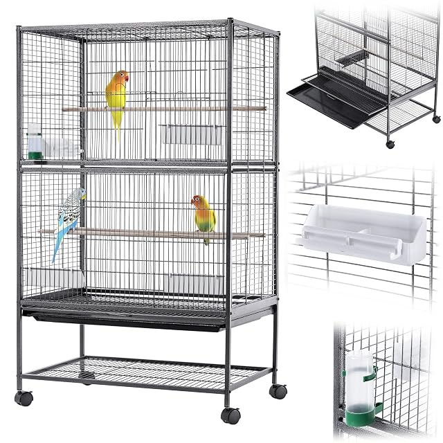 KADAX Pajarera de 79 x 52 x 133 cm, jaula para pájaros con ruedas, con perchas